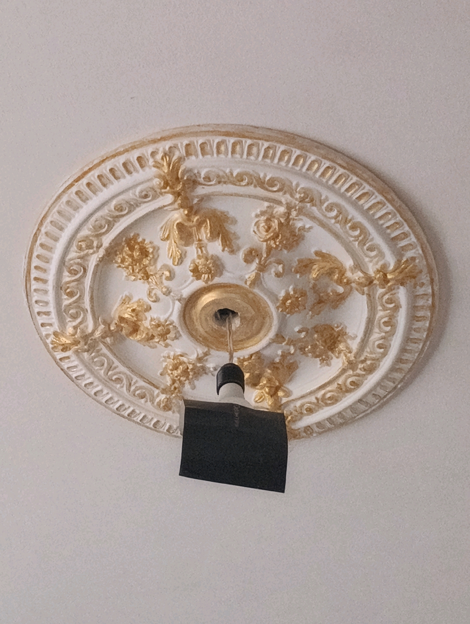 A white and gold ornate ceiling medallion is centered in the frame, against a plain white ceiling. The medallion features a detailed floral and scroll design with gold accents. A black object, possibly a piece of tape or paper, is hanging down from the center of the medallion, obscuring the light fixture. The background is a plain, textured white ceiling.