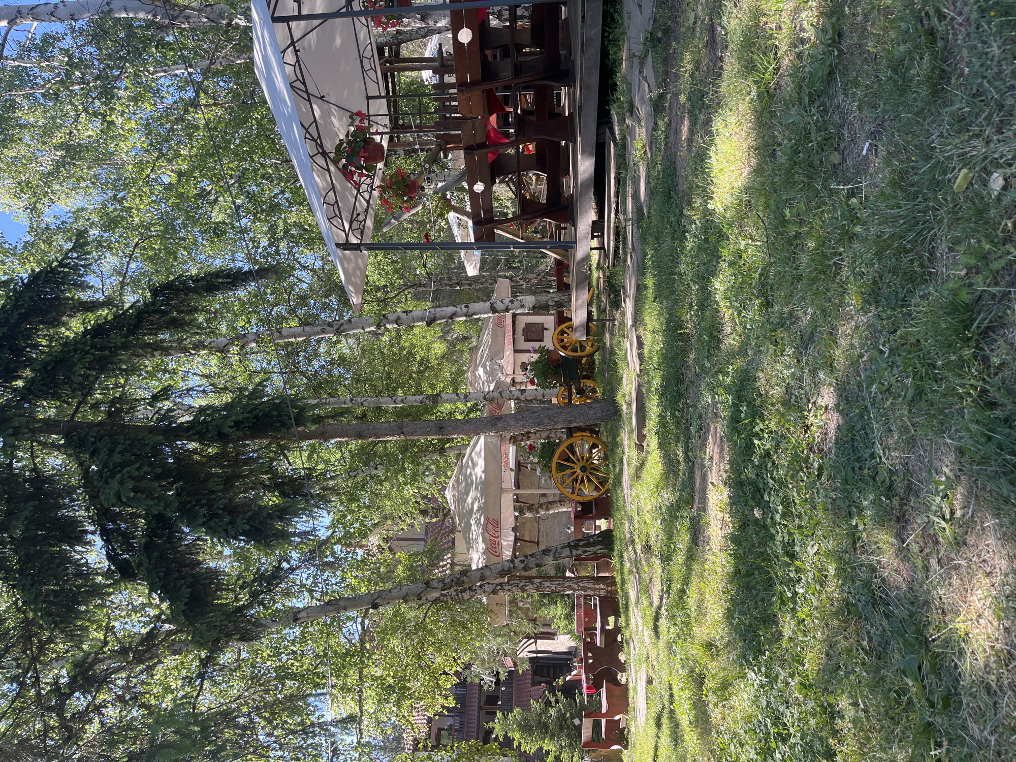 The image shows an outdoor dining area in the city of Starozagorski bani, Bulgaria. The area is shaded by trees and white canopies. Several yellow wagon wheels are present as decorative elements. Tables and chairs are visible under the canopies. The ground is covered with grass and stone pathways. The scene is captured in daylight.