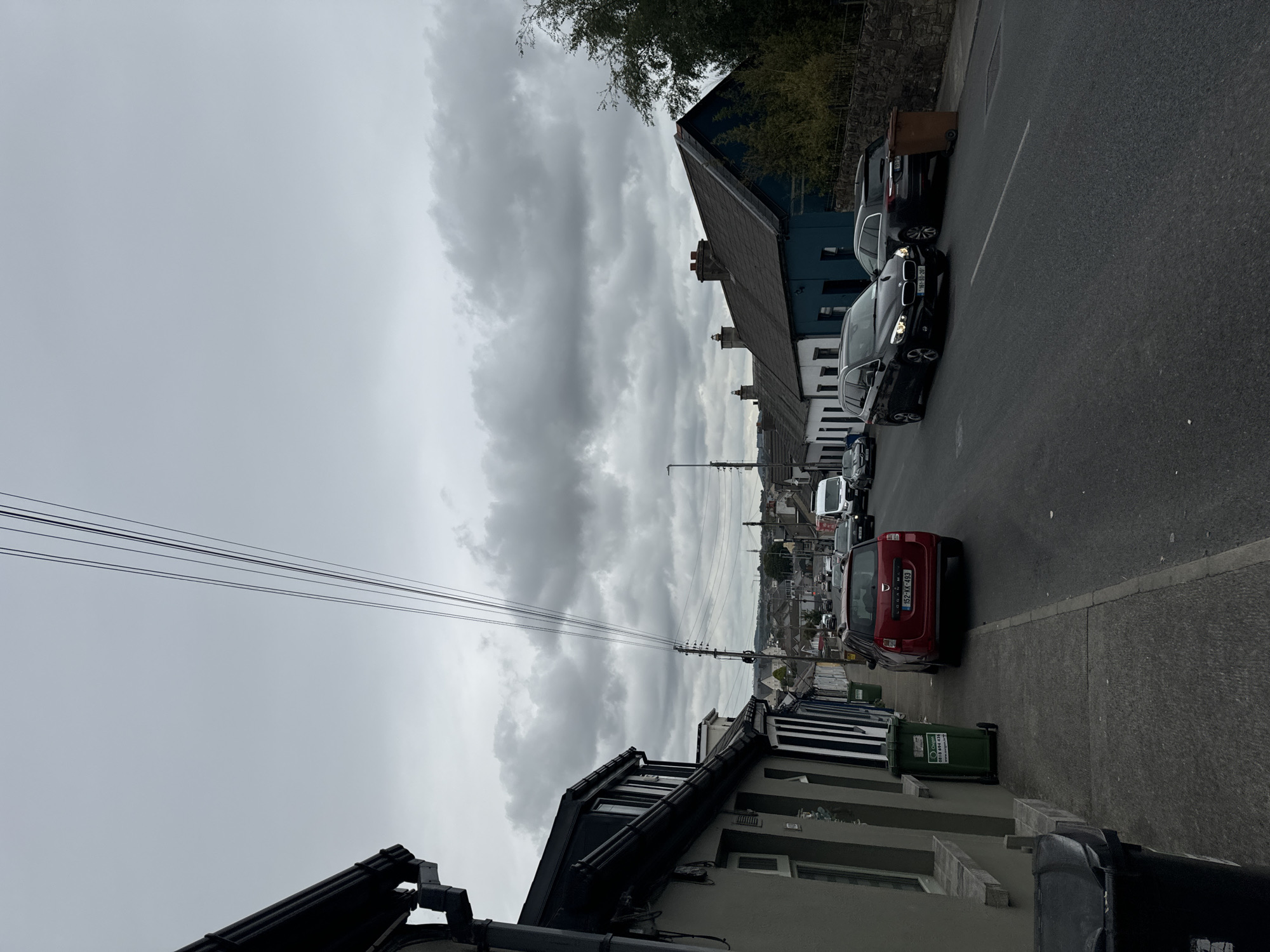 This is a photograph taken from a street in Waterford, Ireland, looking down a residential road with houses on either side. The sky is overcast with dark clouds. Several cars are parked along the road, including a red Dacia Logan with the license plate 152-KK-493, a black BMW, and a dark-colored SUV. A white van is visible further down the road. The houses are a mix of styles, with some painted in dark colors and others in lighter shades. There are several green and brown trash bins on the sidewalk. Power lines are visible crisscrossing the sky. The overall impression is of a quiet, cloudy day in a residential neighborhood.