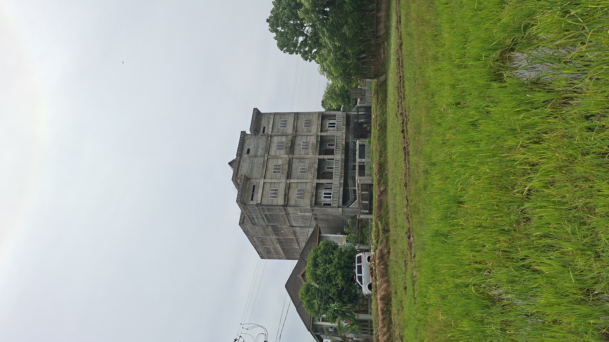 The image shows an unfinished, multi-story concrete building situated next to a lush green rice field. The building, which appears to be several stories high, has numerous windows and balconies, but its construction is incomplete, with exposed concrete and unpainted surfaces. A white van with red and white lettering, possibly an ambulance, is parked in front of the building. Dense green trees are visible behind and to the side of the building, adding to the natural setting. The rice field stretches to the right of the frame, with some water visible within it, indicating it is actively being cultivated. The sky is overcast, suggesting a cloudy or perhaps a humid day. The image is oriented vertically, with the sky at the top and the ground at the bottom. The overall scene depicts a rural or semi-rural area in Kutaglumpang, Indonesia, with a juxtaposition of a large, unfinished structure against the natural landscape. There is no discernible activity or event taking place.