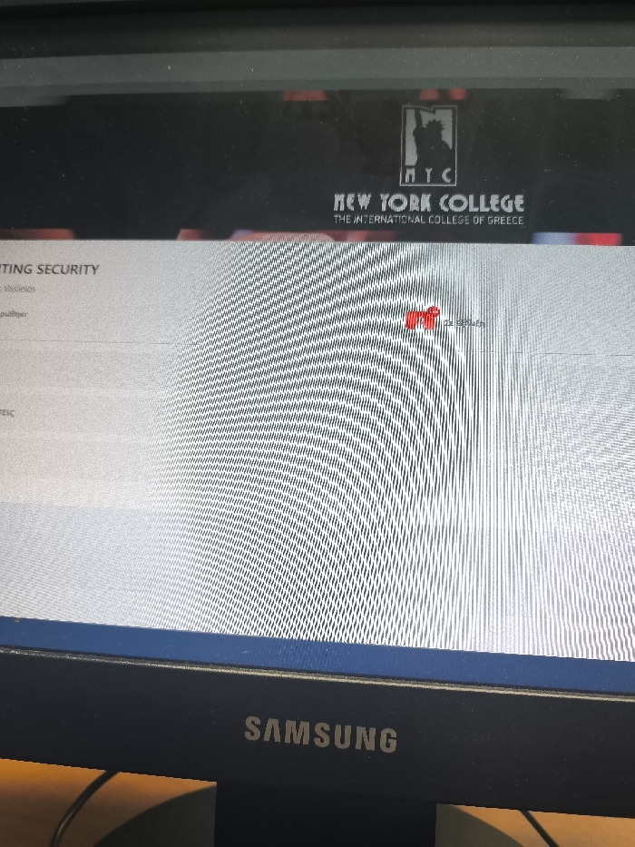 The image shows a computer screen displaying a webpage with a repeating pattern of black and white stripes. The upper portion of the screen shows a logo for "New York College, The International College of Greece." Below the logo, the text "Reporting Security" is visible, as well as text in a smaller font which is too blurred to be read. The bottom portion of the image shows the edge of the screen and the Samsung logo. The coordinates (latitude: 37.961, longitude: 23.7) place this image in the city of Kallithea, Greece.