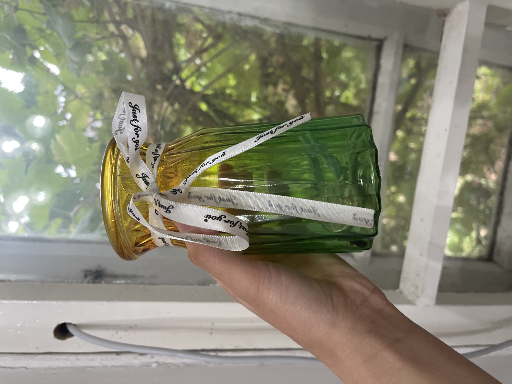 A person's hand holds a green and yellow glass vase decorated with a white ribbon that reads "Just for you". The vase is positioned in front of a window with a blurred green foliage background. A white cable is visible near the left edge of the frame, extending from a hole in a white frame. The scene appears to be indoors, near a window, with natural light filtering through.