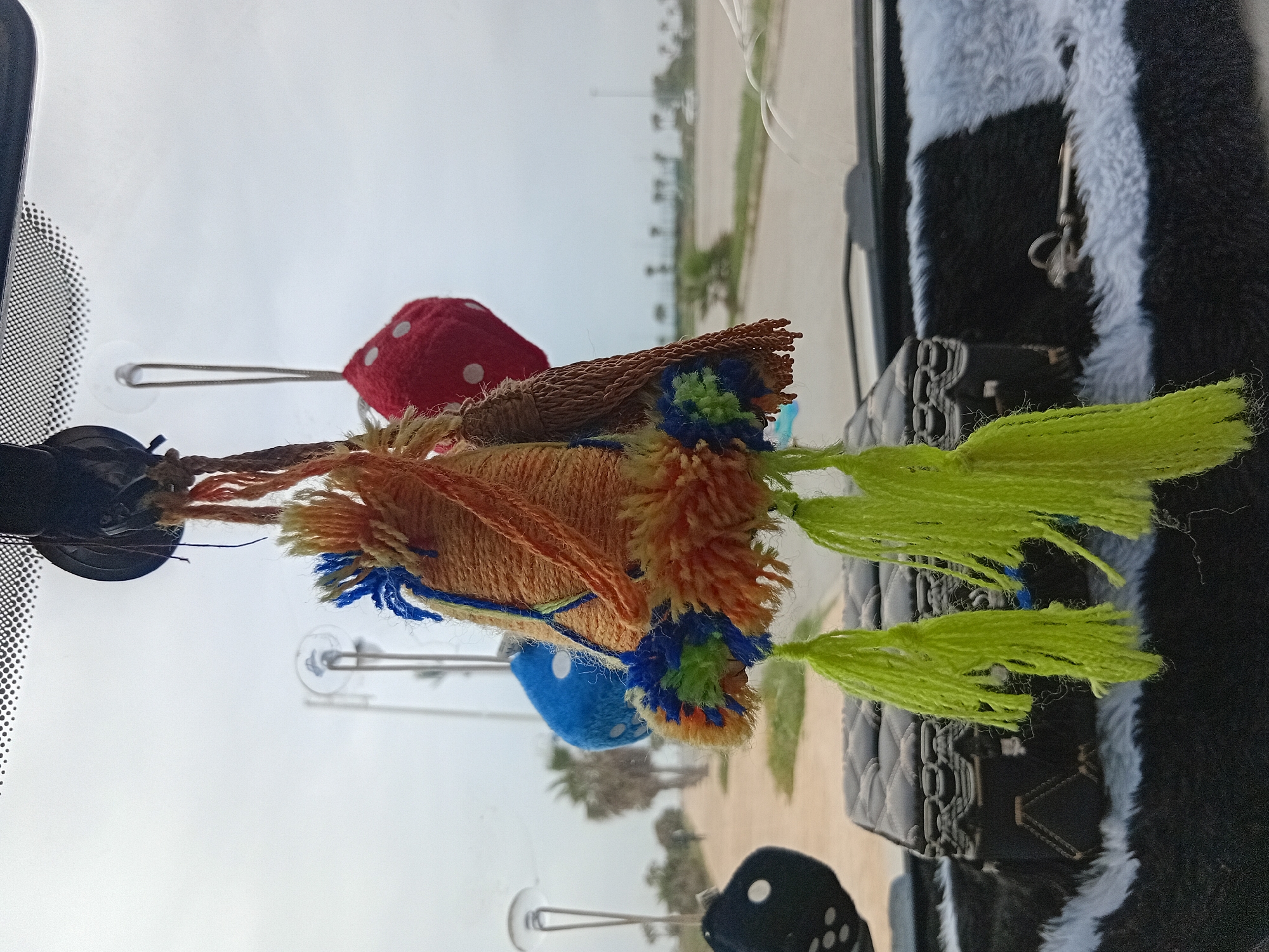 The image presents an interior view from a vehicle, looking outwards through the windshield. Hanging from the top of the windshield, likely from a rearview mirror or suction cups, are several decorative items. These include a red plush cube adorned with white polka dots, a vibrant multi-colored tassel ornament featuring strands of orange, blue, green, and brown, and two additional plush cubes—one blue with white polka dots and another black with white polka dots.
The car's interior is partially visible in the bottom right and left. A black and light blue fuzzy or furry material covers a surface, possibly a seat or dashboard. Adjacent to this, a dark grey, textured or quilted surface is also seen.
Outside the vehicle, the scene is somewhat hazy, suggesting an overcast day or atmospheric blur. A paved road or street is visible, extending into the distance. Sparse vegetation, including what appear to be palm trees, lines the roadside. The general setting is an outdoor area, possibly a street or a parking space. There is no specific activity occurring, nor are any people visible. No text is discernible in the image. The lighting indicates it is daytime.