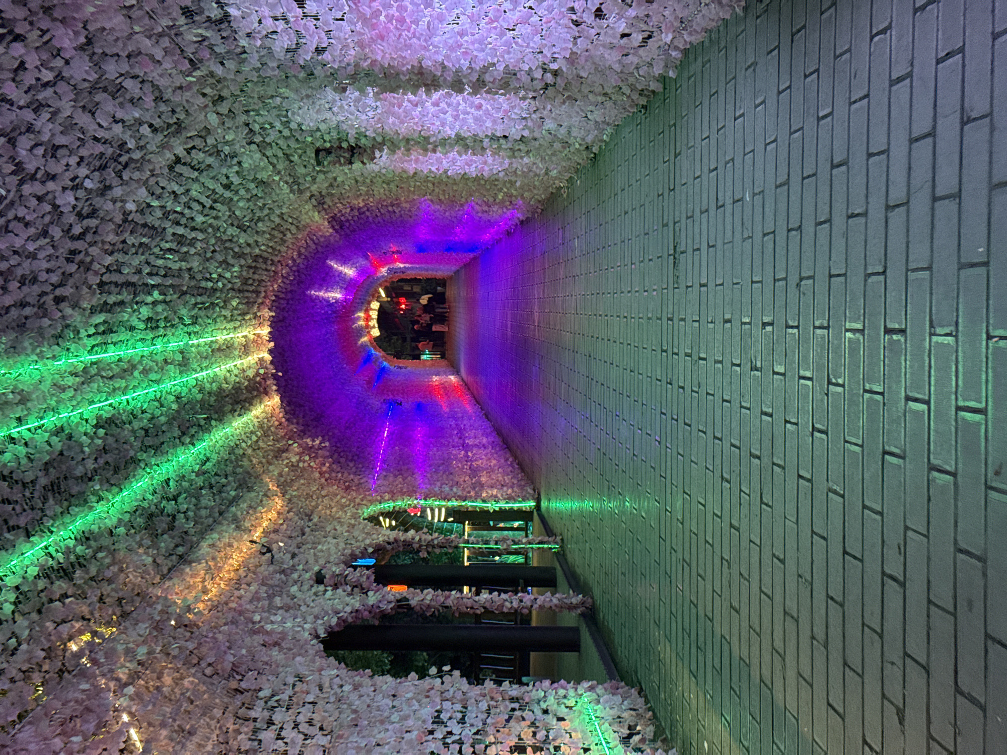 The image shows a tunnel-like structure in Wulingyuan, China. The walls and ceiling of the tunnel are heavily decorated with white and light pink artificial flowers or leaves. Colored neon lights are installed along the tunnel's perimeter, creating a vibrant, artificial ambiance. The tunnel's color gradient transitions from green at the left end to purple and red towards the far end. On the right side of the tunnel, a gray brick wall is visible, illuminated by a greenish light. There are a few dark-colored horizontal bars visible, which appear to be structural elements or supports. The far end of the tunnel is partially visible, showing blurry lights and shapes, suggesting the presence of objects and structures beyond. No people are visible in the image.