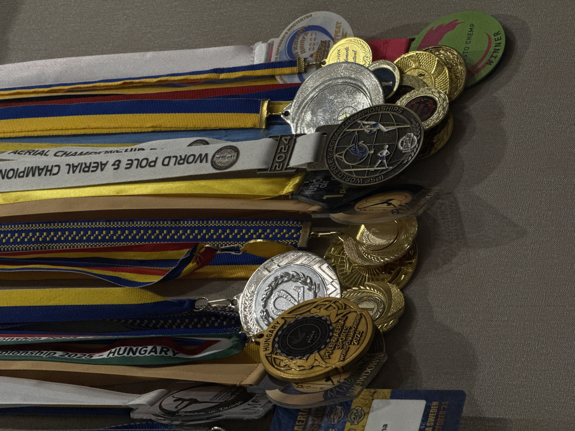 A close-up, head-on shot shows a collection of medals hanging against a textured, gray background, likely a wall. The medals, various sizes and colors, are suspended by ribbons of different patterns and hues, including blue, yellow, red, and white. Some ribbons bear text, such as "WORLD POLE & AERIAL CHAMPIONSHIPS" and "HUNGARY." Several medals have inscriptions and graphics, including numbers like "2" and "2025." One medal features a depiction of pole dancers and the text "POLE & AERIAL SPORTS WORLD CHAMPIONSHIP 2025." Another medal is green and oval-shaped with pink text that reads "WINNER." There's a partially visible blue tag with white text that says "SHOWDOWN SWEDEN OCTOBER 24". The overall impression is of an award display, possibly in a competition venue or a personal collection. The specific location in the city of Dnipro, Ukraine, is not evident from the image itself.