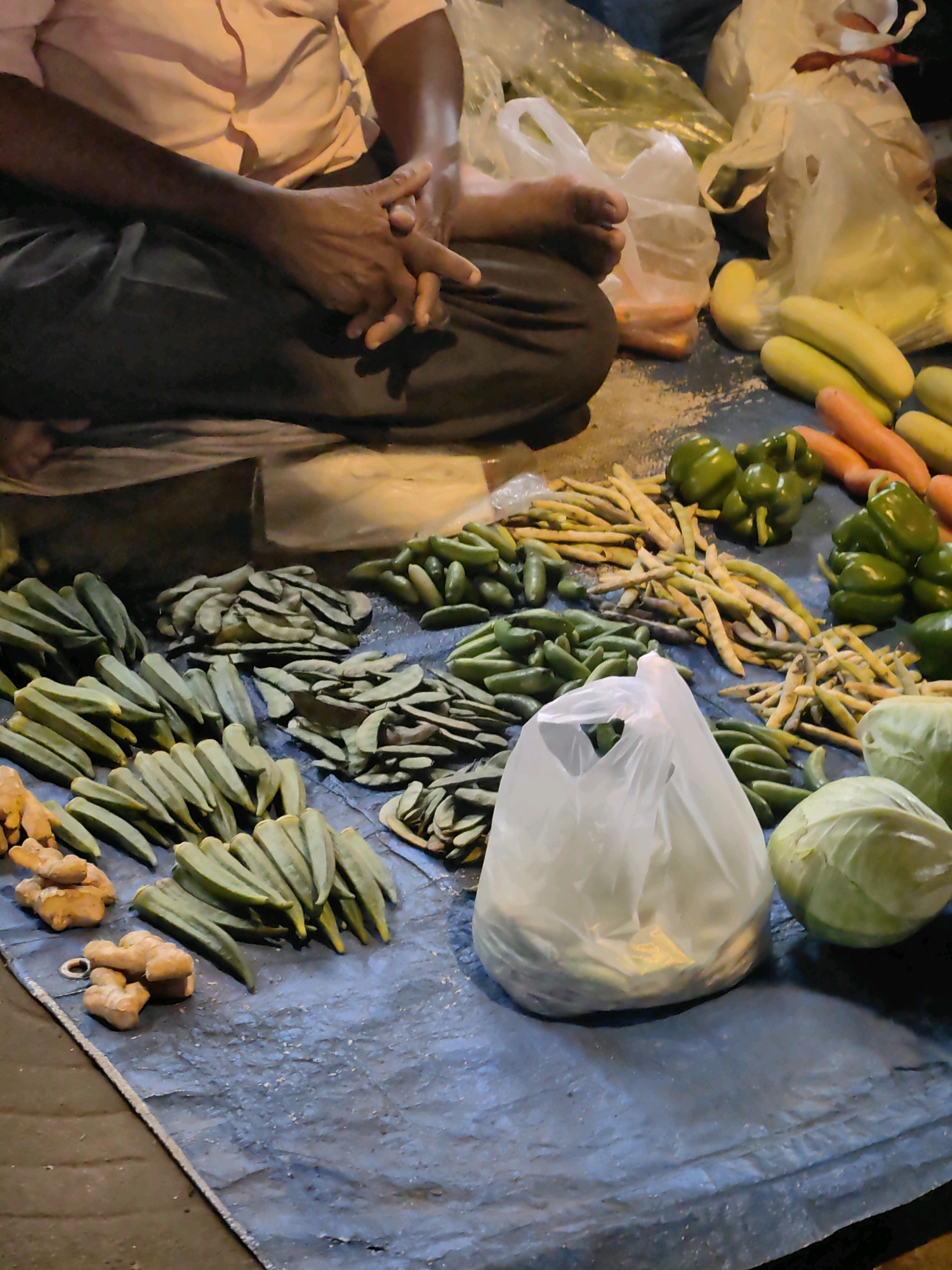 A low-angle, vertical, medium shot captures an outdoor market scene, likely in Mumbai, India, during nighttime. A person, partially visible from the waist down, is seated cross-legged on a dark blue tarp. Their hands are clasped in front of them. The tarp is spread on the ground, displaying an assortment of fresh produce. Arranged in neat piles are numerous okra pods, some whole and some sliced. Alongside the okra are bundles of string beans and what appear to be sliced gourds or other vegetables. Further to the right, green bell peppers and carrots are visible. Two heads of cabbage are also present, one prominently in the foreground. Several clear plastic bags, some filled with produce and others empty, are interspersed with the vegetables. The background is dimly lit, with additional produce and plastic bags suggesting a bustling market environment.