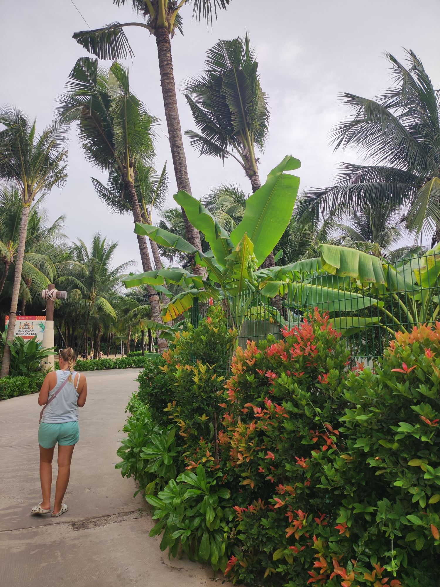 The image depicts a person walking down a paved pathway lined with lush tropical vegetation. The pathway is surrounded by tall palm trees and large banana leaves. To the right of the path, there is a dense hedge of bushes with red and green foliage, bordered by a green metal fence. In the background, more palm trees create a dense canopy, and a cloudy sky is visible. On the left side of the path, there is a sign with Vietnamese text that reads "PHU QUOC TROPICA FEST," suggesting the location is in Phu Quoc, Vietnam, likely an entertainment or festival area. The person walking is viewed from behind, wearing a light blue tank top and light green shorts, with their hair in a blonde ponytail. They are wearing light-colored slip-on shoes and carrying a light-colored bag slung over their shoulder. Several other people are visible further down the path in the distance. The scene has a tropical, outdoor ambiance.
