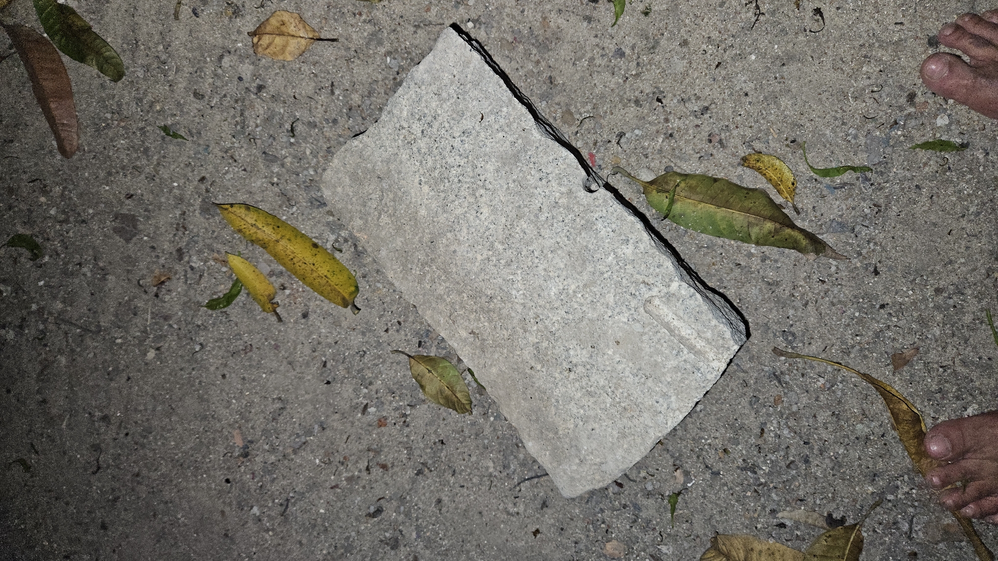 The image displays an outdoor ground scene. The main subjects are a large, light grey, rectangular concrete block or paver, resting on a rough, dark grey ground surface composed of concrete or asphalt mixed with small pebbles and dirt. Scattered around the block are numerous fallen leaves, ranging in color from vibrant yellow and green to dried brown and reddish-brown. A bare human foot, likely an adult's, is partially visible in the top right and bottom right corners, suggesting a person is present, possibly standing or walking.
There is no discernible activity or event taking place; the scene is static. The lighting appears to be low or artificial, possibly indicating dusk, night, or an overcast day, as there are no sharp shadows and colors seem muted. The presence of fallen leaves suggests an outdoor environment with nearby trees, possibly during autumn or a dry period. The location context provided is Cam Đức, Vietnam. No text is visible within the image.