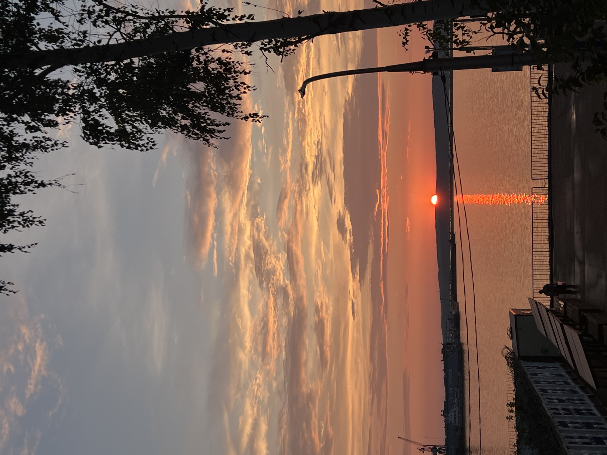 The image depicts a sunset over a body of water, likely the Kama River, in Chaikovsky, Russia. Silhouetted against the vibrant orange and pink sky are trees, a streetlamp, and a distant industrial area with cranes and ships. In the foreground, a person is walking along a waterfront promenade lined with solar panels and a fence. The water reflects the warm glow of the setting sun.