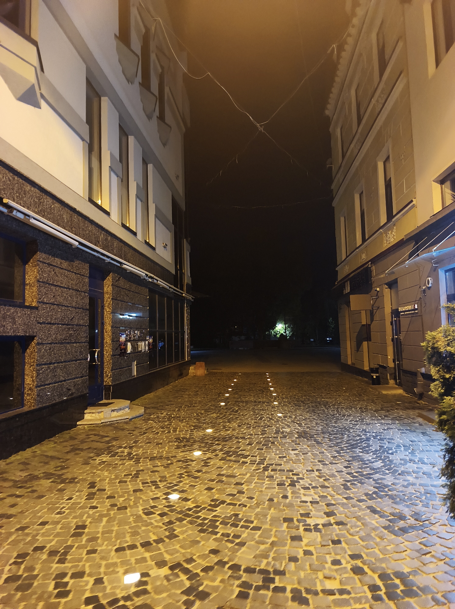 A street in Ternopil, Ukraine, is depicted at night. The street is paved with cobblestones and illuminated by embedded lights. On the left is a building with a facade of grey stone and white accents, featuring large windows. On the right is another building with a light-colored facade, its windows reflecting the streetlights. The scene is enveloped in a slight fog, which diffuses the light and creates an atmospheric glow.