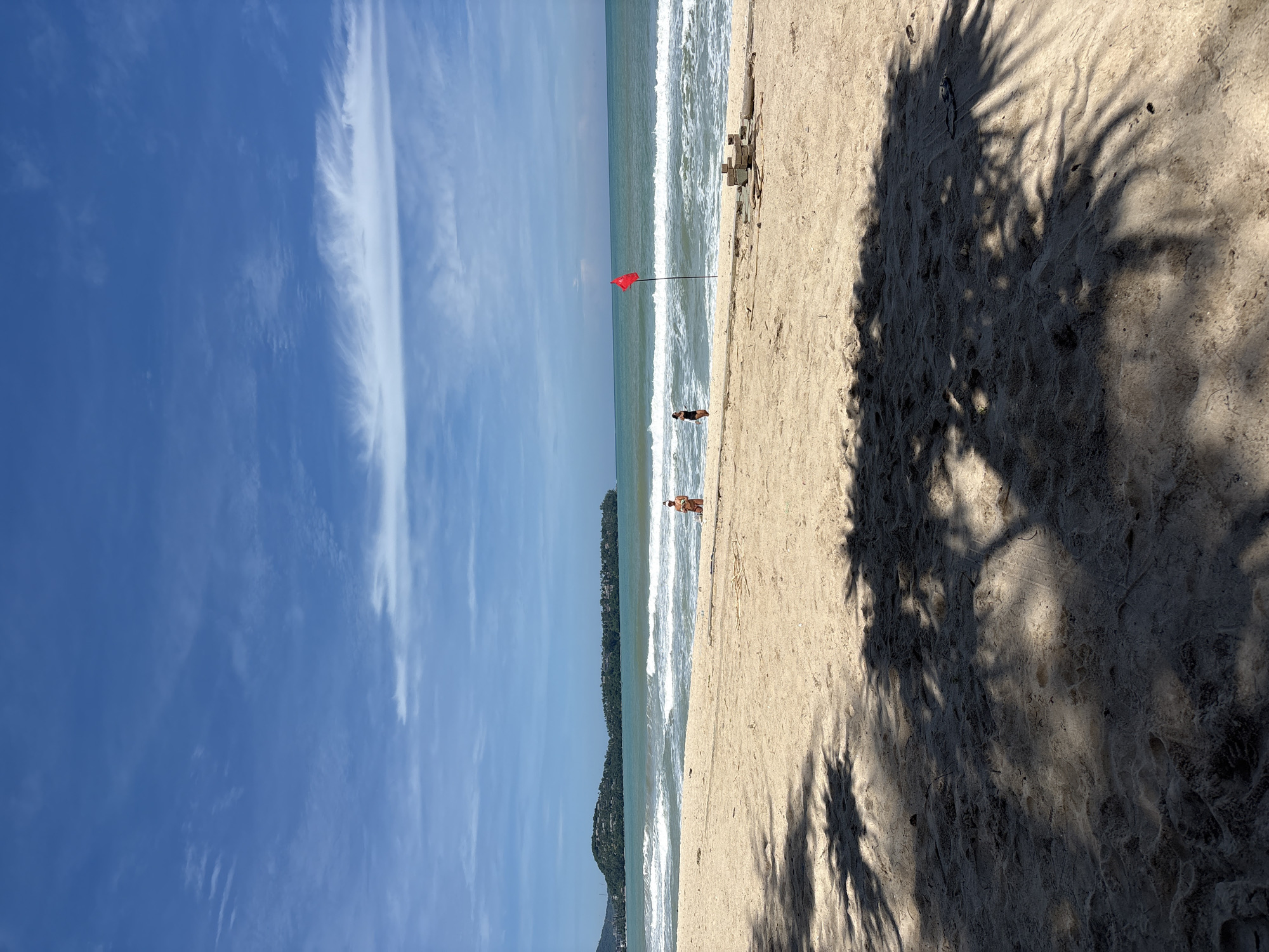 A wide shot captures a sunny day at a beach in Choeng Thale, Thailand, with the turquoise ocean stretching to the horizon under a bright blue sky dotted with wispy clouds. The foreground is dominated by a sandy beach, partially shaded by the fronds of palm trees, creating dappled patterns on the sand. In the mid-ground, a red flag stands planted in the sand near the water's edge, indicating a possible hazard. Two individuals are visible on the beach: one in the distance to the left, appearing to wear a light-colored top and darker bottoms, and another to the left of the red flag, wearing dark clothing. Gentle waves roll onto the shore. In the background, a lush, green headland dotted with buildings juts out into the sea, forming a scenic backdrop. A small pile of debris, possibly construction materials, is visible on the sand to the right of the red flag.
