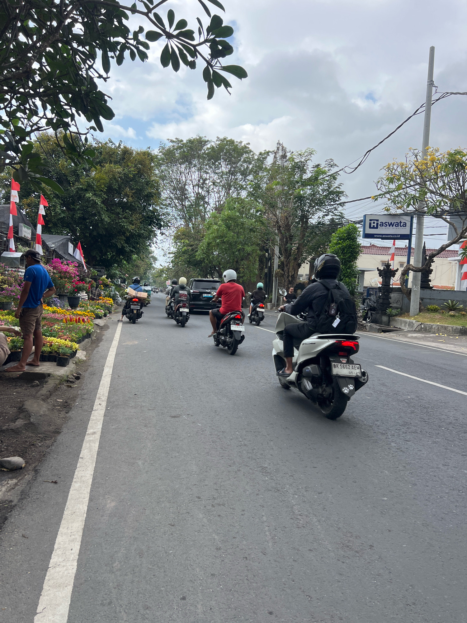 The image depicts a street scene in Denpasar, Indonesia, likely a commercial area with a roadside flower market and ongoing traffic. In the foreground, a man in a blue shirt and shorts stands near a display of potted plants and flowers, seemingly a vendor or customer. Several other individuals are visible further down the street. The road itself is asphalt, marked with a white line, and carries several motorcycles in motion. The rider of the closest motorcycle, on the right, wears a black jacket and helmet and rides a white scooter with the license plate "BK 5662 AEM." To the left, a black car is visible, followed by other motorcycles. In the background, trees line the street, and a sign for "Haswata" with a website address is prominent. Indonesian flags are also visible, suggesting a festive or official occasion. The sky is overcast with some patches of blue. The overall impression is one of a busy, everyday street in a tropical urban environment.