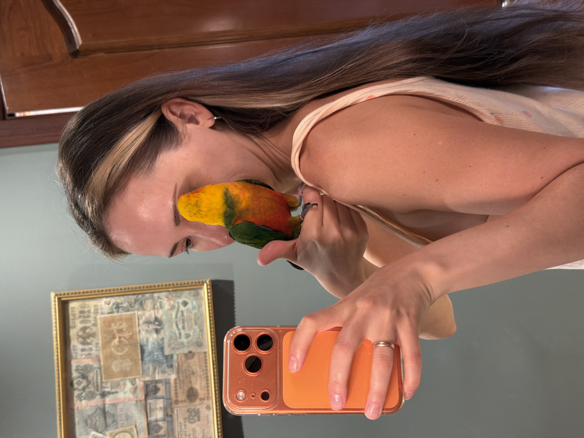 A woman is holding an orange-cased cell phone in her right hand, while a colorful parrot, primarily yellow, orange, and green, perches on the fingers of her left hand near her face. The woman's hair is long, dark brown with a lighter blonde streak. She is wearing a light-colored top. Behind the woman and to the left is a framed picture with various images or designs on it. The background is a gray wall and a wooden cabinet or door. The location is not discernible as Khimki, Russia from the provided image.