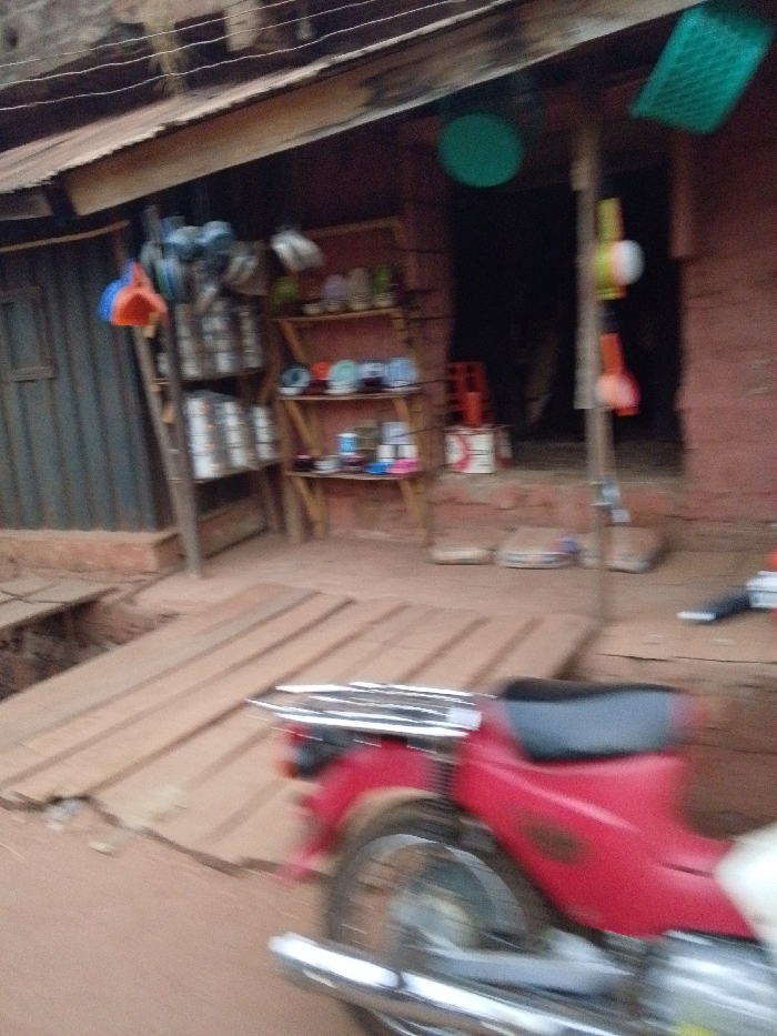 The image captures an outdoor scene featuring a small, informal shop or dwelling made of reddish-brown brick or mud-brick, situated in what appears to be a rural or village setting. The building has a corrugated metal roof and an open doorway leading into a dark interior. To the left of the main entrance, there's another structure with corrugated metal siding.
Various household goods are displayed for sale or use around the building's entrance. On the left side, several metal pots and pans are stacked and hanging, alongside a bright orange plastic dustpan and a blue plastic cup or scoop. A wooden shelving unit, positioned against the wall next to the main doorway, holds multiple colorful plastic bowls, plates, and cups, indicating a display of kitchenware or utensils. More items are visible on the lower shelves, including what look like packaged goods or smaller containers.
On the right side of the doorway, a pole or string suspends several colorful items, including orange, white, and green objects, possibly decorative or small tools. A green, round, flat object (perhaps a frisbee or lid) and a rectangular green plastic item (resembling a dish rack or basket) are also hanging above the entrance. On the ground near the entrance, a red plastic crate and a white bucket or can are visible.
In the foreground, a red motorcycle is partially visible on the right side of the frame, captured with motion blur, suggesting it might be moving or the photo was taken quickly. Only the rear wheel, a black seat, and a chrome luggage rack are clearly discernible. The ground beneath the motorcycle and leading towards the shop is covered by a wooden plank structure, possibly a bridge over a ditch or a raised walkway. The ground surrounding this structure is a reddish-brown earth. The overall impression is that of a bustling, makeshift storefront in a community. No text is visible in the image.