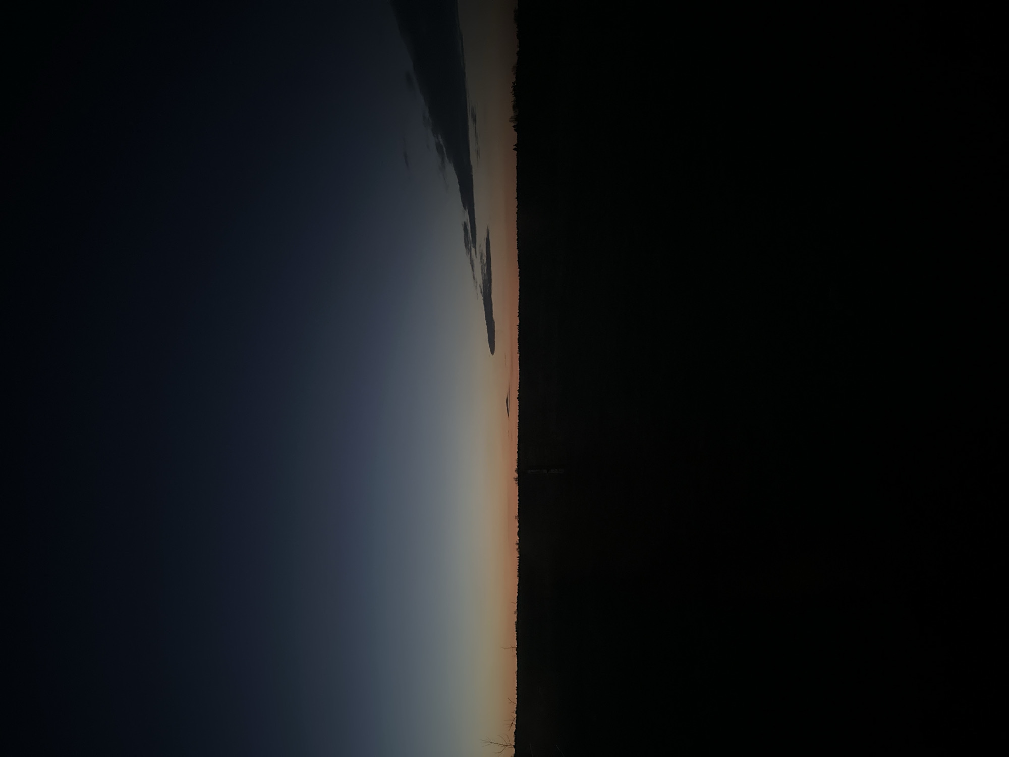 The image captures a tranquil landscape scene during twilight, likely either sunrise or sunset, over Kharnavy, Russia. The sky, occupying the upper two-thirds of the frame (when viewed horizontally), transitions in color from a deep, dark blue at the top to softer hues of light blue, gray, and a warm band of orange and pale pink along the horizon. A few elongated, dark cloud formations are visible in the upper left area of the sky.
The lower third of the image is entirely dark, forming a stark silhouette of the ground. A faint, irregular line along the horizon suggests distant trees or vegetation, but no specific objects are discernible. The horizon itself is remarkably flat and stretches across the entire width of the frame, indicating an expansive, open environment such as fields or plains, consistent with a rural Russian landscape.
No people, specific objects beyond the general landscape features, or visible text are present within the frame. The scene conveys a sense of peaceful solitude and the ethereal beauty of dawn or dusk in a natural setting, marked by the gradual blending of light and shadow across the sky and land.
