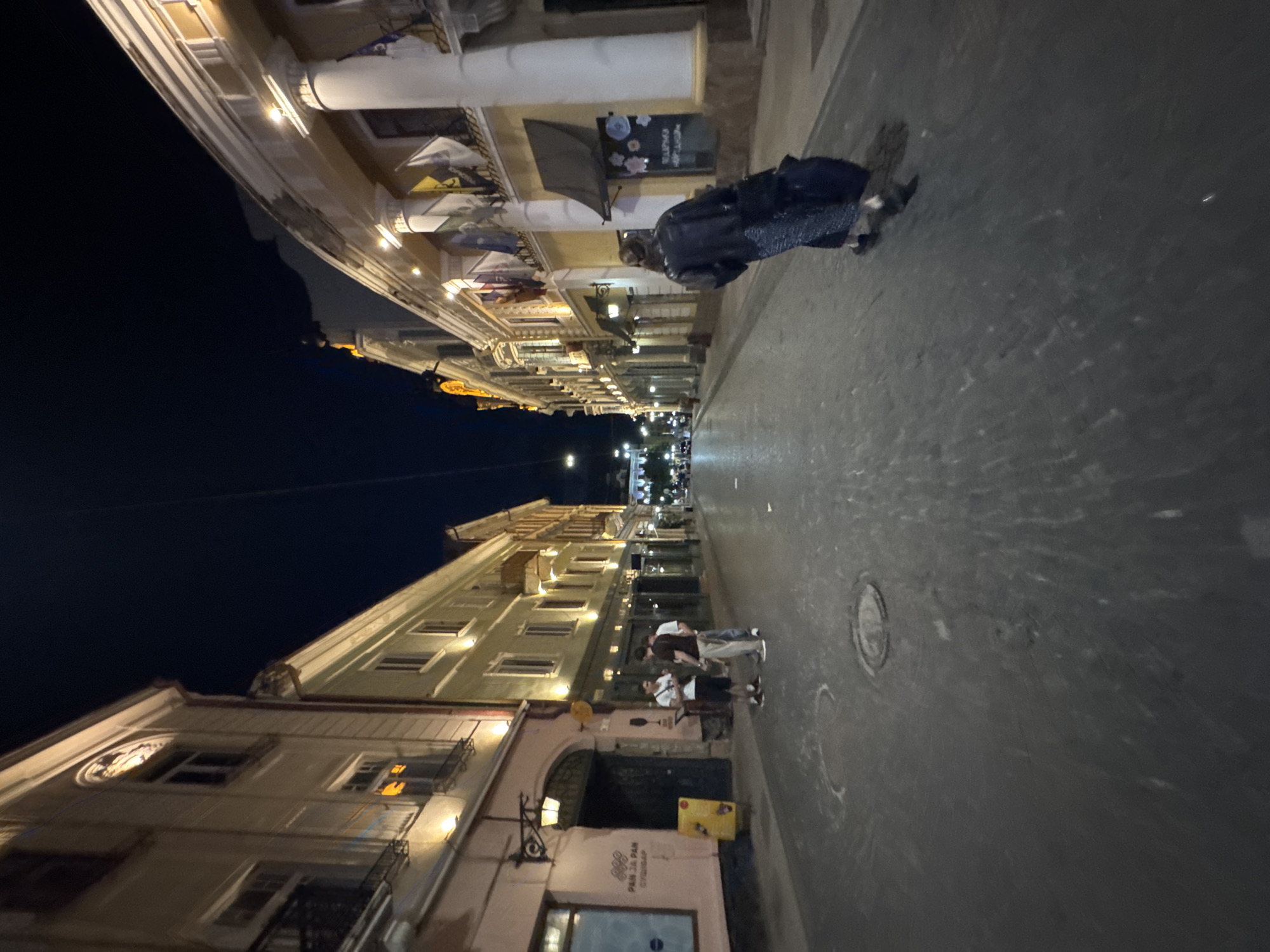 A nighttime street scene in Chernivtsi, Ukraine, depicts a cobblestone street lined with illuminated buildings on either side. In the foreground, a person wearing a dark jacket and patterned pants walks away from the camera, pulling a large dark bag behind them. To the left of the street, three individuals are standing and conversing, one wearing a white t-shirt and shorts, another in a light-colored t-shirt and pants, and the third in a light-colored t-shirt and dark pants. The buildings feature classical architectural elements, with columns and ornate facades. Flags are visible on the building to the right. The sky is dark, indicating it is nighttime.