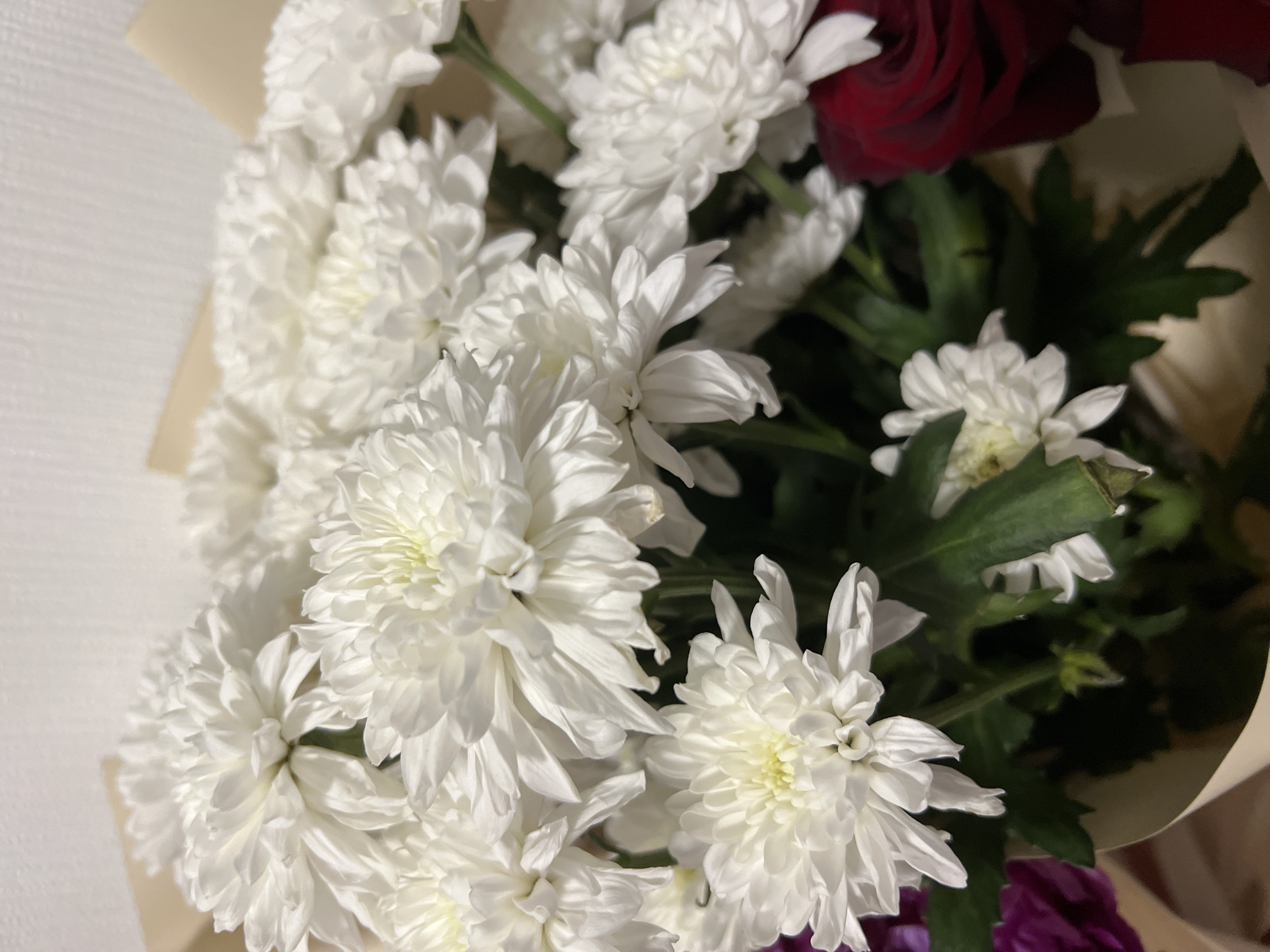 A bouquet of flowers is displayed, featuring numerous white chrysanthemums with yellow centers and some red roses, as well as purple flowers on the left. The bouquet is partially wrapped in beige paper. The background is a light-colored, textured wall. The scene appears to be indoors.