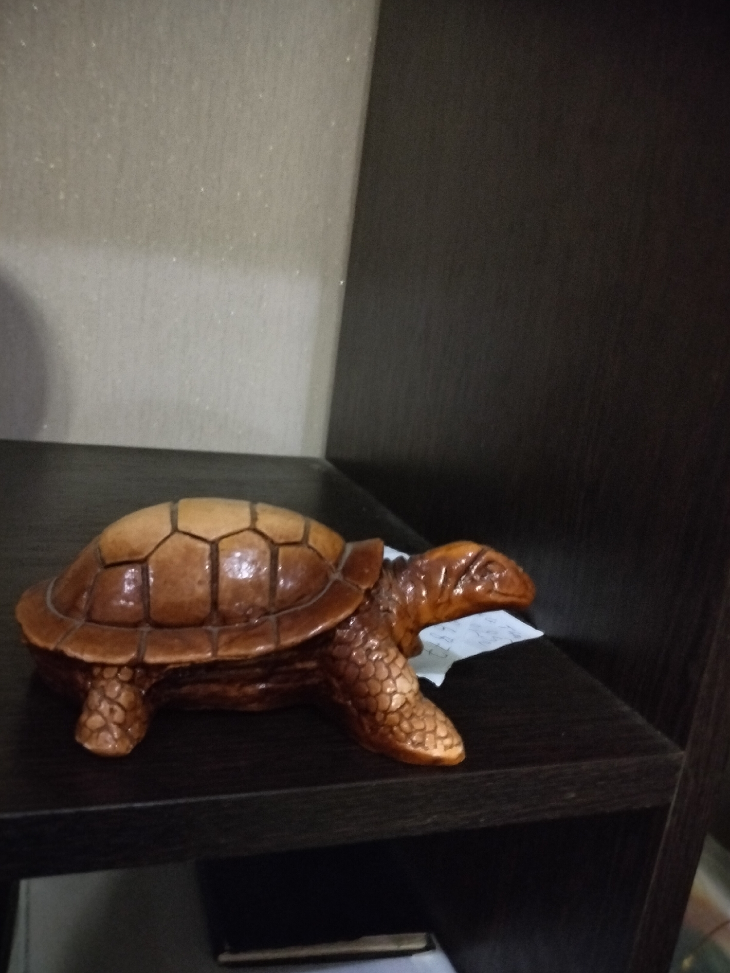 The image shows a dark brown, ceramic turtle figurine placed on a dark brown wooden shelf. The figurine is positioned in the center of the frame, facing to the right. The turtle has a segmented shell with lighter brown, hexagonal patterns. Its head and legs are textured to resemble scales. A small piece of white paper with faint writing is visible underneath the turtle's head. The background consists of a lightly textured, beige wall on the left and a dark, vertical surface on the right, likely part of a shelf unit. The scene appears to be indoors. The location is described as Nizhnedonskoy, Russia.