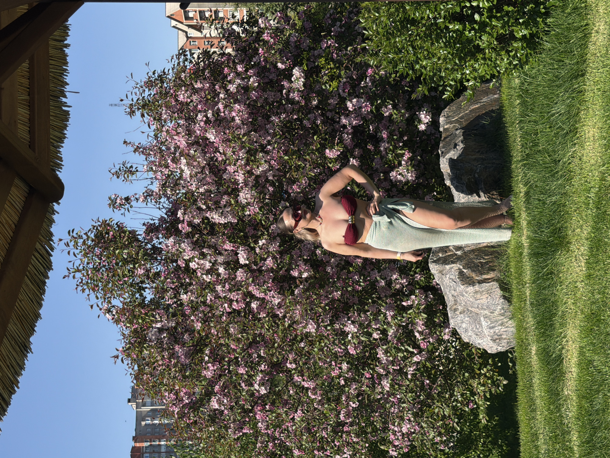 This media file captures a woman posing outdoors on a bright, sunny day in what appears to be a landscaped garden or park in Krasnoyarsk, Russia.
The primary subject is a woman with blonde hair, lying on her side on vibrant green grass. She is propped on her right elbow, looking slightly upwards and away from the camera. She wears a red bikini top, a light green sarong-style wrap, and red-framed sunglasses. Her pose conveys a sense of relaxation or a leisure activity.
The immediate setting includes a large, textured grey rock adjacent to the woman and a dense bush laden with numerous pink blossoms, suggesting a flowering tree or shrub in bloom. The grass she lies on is well-maintained. To the far left, a portion of a rustic thatch roof structure is visible, likely belonging to a gazebo or pergola.
In the background, beyond the flowering bush, residential or commercial buildings can be seen under a clear, brilliant blue sky. A construction crane is faintly visible against the sky in the distance. The weather is clear and sunny, as evidenced by the bright illumination and distinct shadows cast on the grass and rocks, suggesting it is likely midday. The overall scene blends natural beauty with an urban backdrop.
There is no visible text in the image.
