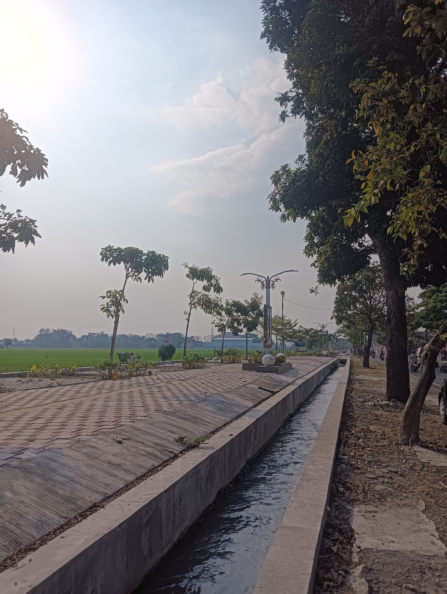 The image depicts a canal running alongside a paved pedestrian walkway bordered by trees on the right. The walkway is made of brick pavers and has a textured concrete edge. Beyond the walkway, on the left, is a green rice paddy field under a hazy, bright sky with scattered clouds. Several young trees and benches are visible along the walkway. In the distance, there are more trees and buildings, with power lines and a transmission tower also visible. On the right side of the canal, there is a road with a few motorcycles and a car. The overall scene suggests a semi-urban environment with a mix of natural elements and infrastructure, possibly located on the outskirts of Sragen, Indonesia, given the characteristic rice paddies.
