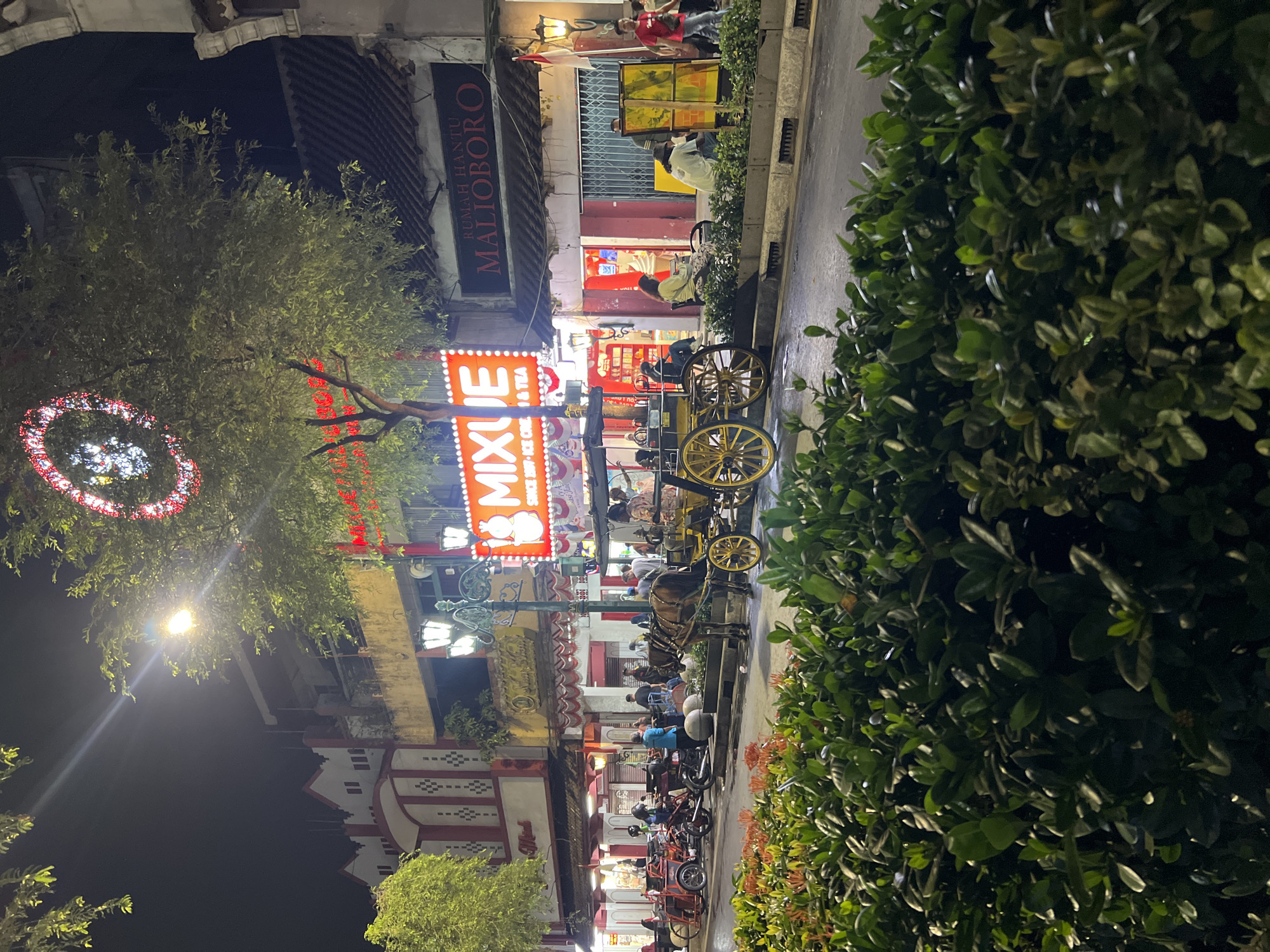 This image depicts a street scene at night in Malioboro Street, Yogyakarta, Indonesia. The street is illuminated by various lights, including shop signs and street lamps. In the foreground, there is lush green foliage, with some red flowers visible. A horse-drawn carriage, known as a "andong," is a prominent feature, with passengers seated inside. The carriage is adorned with yellow decorative elements.
Several shops line the street, with prominent signage including "MIXUE" and "RUMAH HANTU MALIOBORO." The architecture of the buildings appears to be a blend of traditional and modern styles. People are seen walking along the street, some are seated in the shops, and one individual appears to be painting. Various vehicles, including motorcycles and a tricycle, are parked along the side of the road. The overall atmosphere suggests a busy and vibrant nighttime environment.