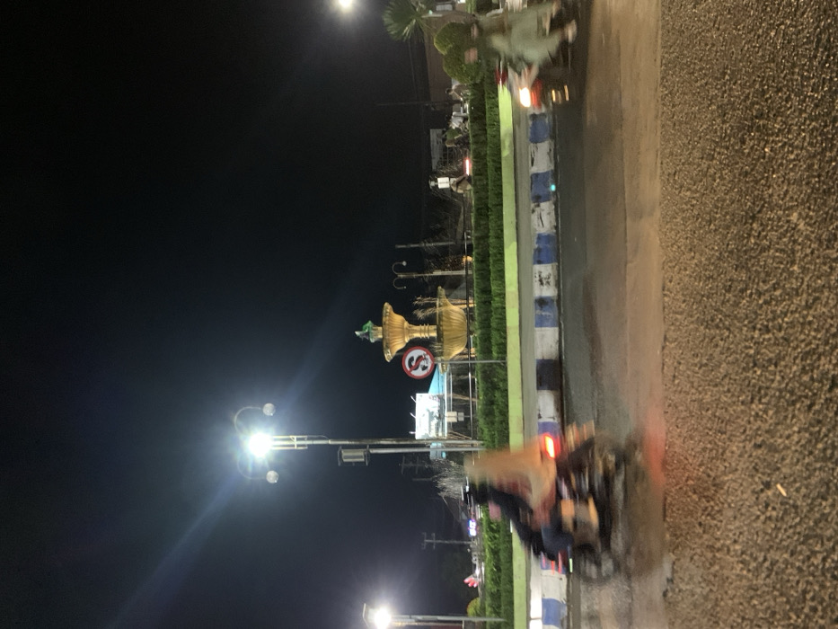 The image shows a night scene in Probolinggo, Indonesia, at the coordinates -7.769, 113.213. Two motorcycles are driving on a paved road. The motorcycles are both moving in the same direction. The road curves to the right. The motorcycles are traveling away from a fountain that is located in the center of a traffic circle. The fountain is lit by a bright street lamp, which illuminates the area around it. The streetlamp is mounted on a tall pole. The fountain has a large bowl and a smaller bowl on top of it. The smaller bowl is decorated with a green plant. Behind the fountain is a small green bush. The image shows a sign, a 'No U-Turn' sign, on the left side of the road, in front of the fountain. The road has white and blue curb lines. The background is a dark, urban area with trees, buildings, and streetlights. The scene is quiet and there is little traffic. The motorcycles are in motion. The scene is lit by streetlights and the headlights of the motorcycles. The image shows a clear night sky.