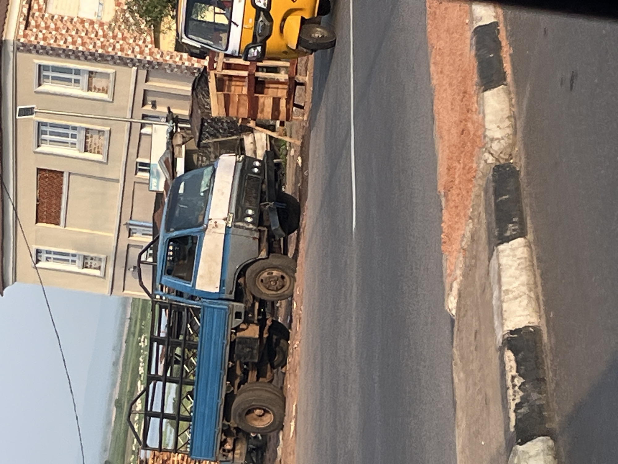 A blue and white pickup truck is parked on a paved road next to a sidewalk. The truck has a metal cage in its bed and is surrounded by wooden crates. A yellow auto-rickshaw is parked to the right of the truck. In the background, a multi-story building with windows and a textured wall is visible. The sky is overcast, and a line of trees can be seen in the distance. The sidewalk is made of concrete and has a black and white striped curb.