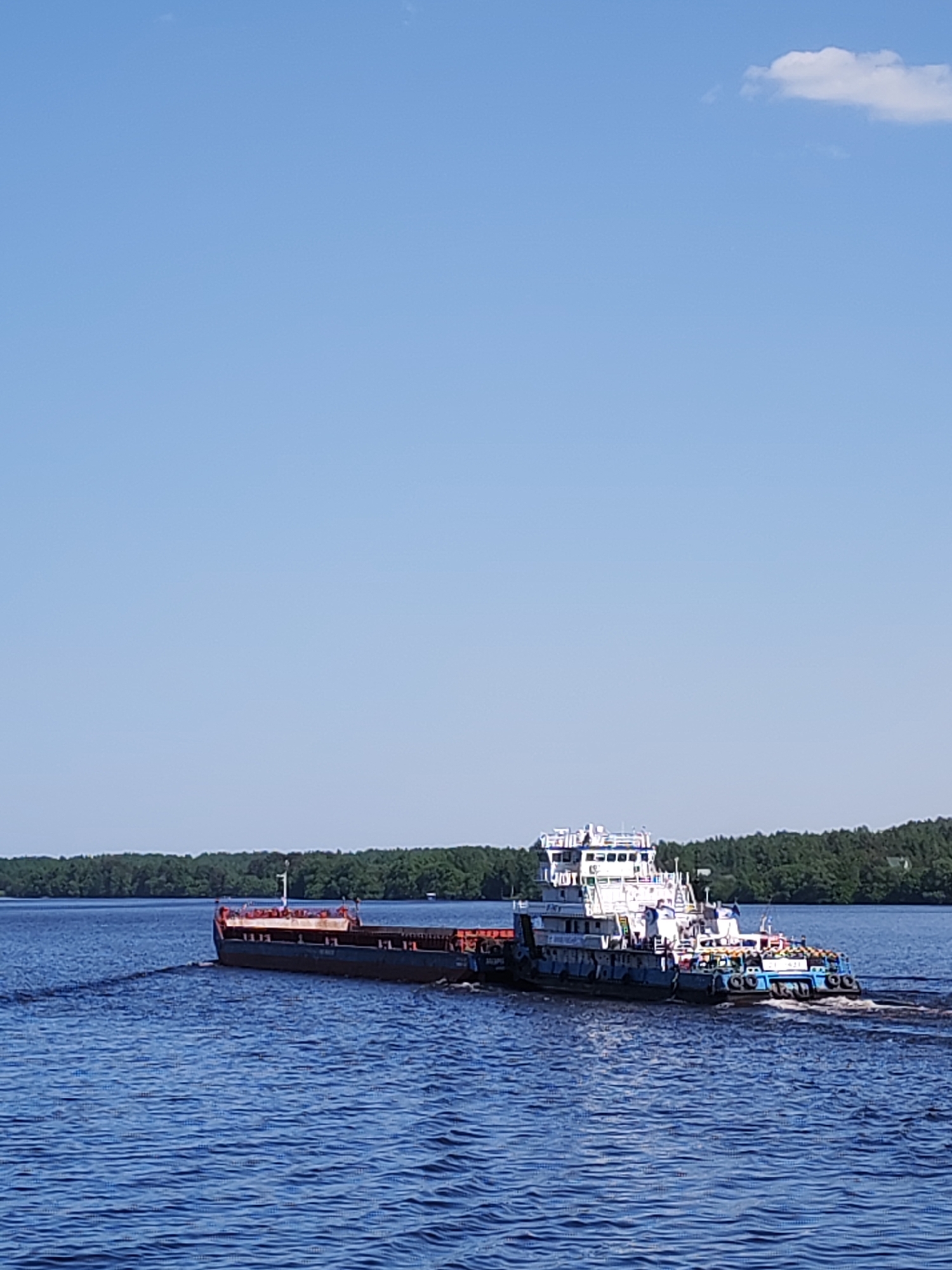 A tugboat towing a barge moves across a river. The barge is loaded. The riverbanks are wooded. The sky is blue. The city and state are unknown.