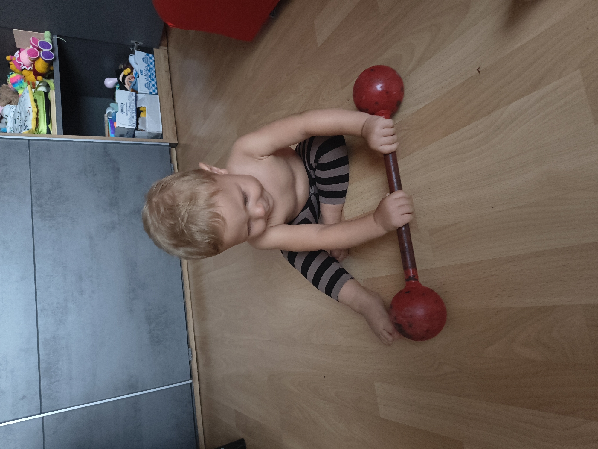 A young child with blond hair is sitting on a wooden floor, holding a red toy barbell. The child is wearing striped leggings. The scene appears to be indoors, possibly a playroom or living room, with shelves filled with toys visible in the background. The child's gaze is directed downwards, suggesting concentration or engagement with the toy. The lighting suggests it is daytime. The overall mood is one of playful activity and childhood innocence. There is no visible text in the image.