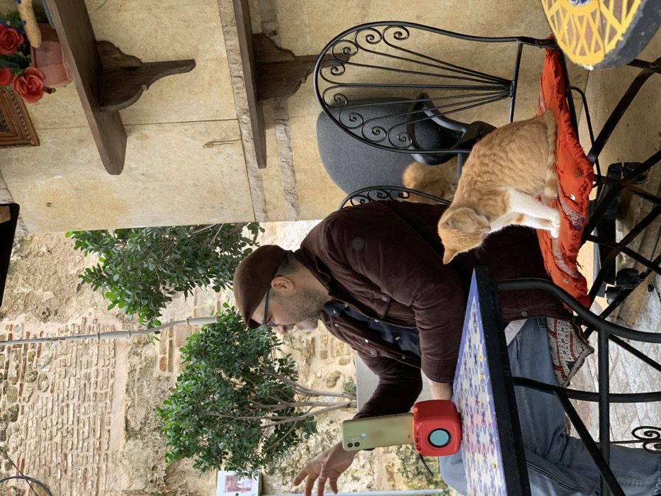 The image portrays an outdoor cafe or restaurant setting in Tangier, Morocco. An adult male, wearing a brown flat cap, dark-rimmed glasses, a dark brown quilted jacket, and blue jeans, is seated to the left, gesturing with his raised right hand while looking towards his left. In front of him is a square table with a blue and white mosaic tile top, on which a light green smartphone is vertically positioned within a red cube-shaped stand. To the man's right, an orange and white cat is seated on a red cushion atop a black wrought iron chair; its head is lowered. A second, predominantly orange cat is partially visible further to the right, behind the first cat, also on a chair. The background consists of a textured, light-colored wall on the right with two rustic wooden shelves, the upper one holding a small pot with red flowers and a framed object. To the left, an older, light-brown brick wall is visible, adorned with several small green potted plants.