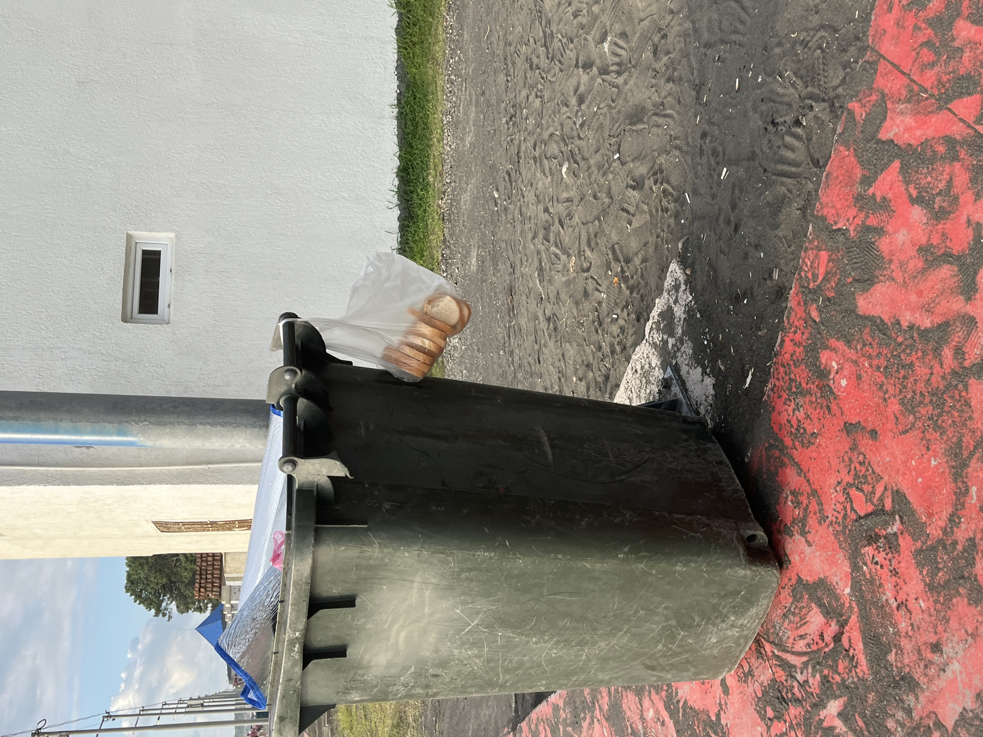 An outdoor scene in Ureki, Georgia, shows a large, dark green plastic trash bin on a sandy surface. The bin is partially filled with debris, including what appears to be reflective insulation material. A clear plastic bag hangs from the rim of the bin, containing several slices of bread. To the right of the bin, a white building with a small rectangular window is visible, with a metal pole in front of it. The ground is a mix of sand and a red-painted surface, with some litter visible in the sand. The sky is partly cloudy.
