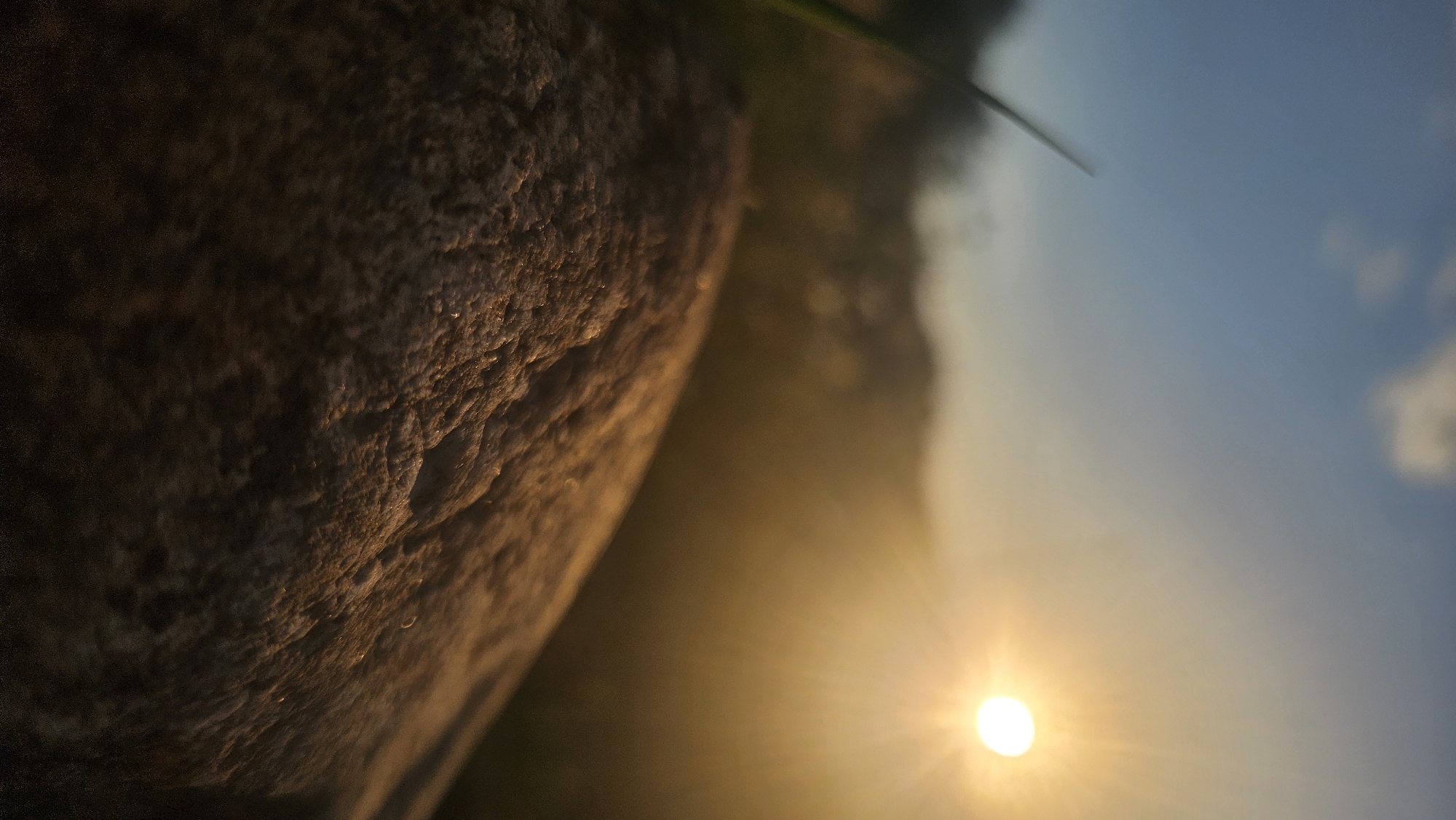 This is a close-up, low-angle shot of a textured, large rock or boulder. The rock occupies the left half of the frame, with its rough, earthy surface sharply in focus. The lighting suggests it is either sunrise or sunset, with warm, golden sunlight illuminating the rock's texture and casting it in shadow on its left side.
To the right of the rock, the scene opens up to a hazy, atmospheric view. The sun is visible as a bright, glowing orb in the lower right quadrant of the image, with noticeable sunburst rays emanating from it. The sky is a soft blue, with hints of clouds and a gradient of warm light blending into the cooler blue tones. The overall impression is one of natural beauty and a tranquil outdoor setting.
There appears to be a thin, dark line, possibly a blade of grass or a thin branch, arching from the top center of the frame downwards into the background. The background beyond the rock is blurred and out of focus, with patches of darker, indistinct shapes that might be foliage or shadows.
The time of day is clearly indicated by the low angle of the sun and its warm, diffused light. The weather appears to be clear with the presence of the sun, though the atmospheric haze might suggest a slight humidity or dust in the air. The location is not specifically identifiable from the visual cues, but it has a natural, outdoor feel. There is no visible text in the image. The mood evoked is peaceful, serene, and perhaps contemplative, due to the soft light and the natural elements.