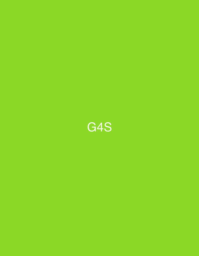 The image displays a solid, uniform lime green background. Centrally positioned, slightly below the vertical midpoint, are the white sans-serif letters "G4S". No other subjects, objects, people, or actions are depicted within the frame. The text "G4S" identifies a security company known to operate within the city of Casablanca, Morocco.
