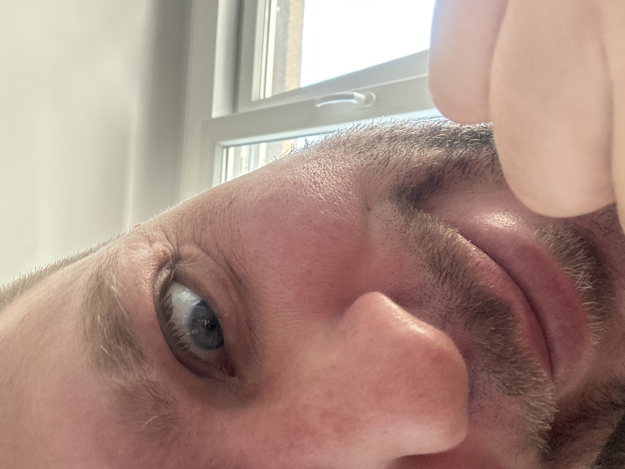 This is a close-up, low-angle selfie of a person's face, taken from an unusual perspective. The camera is positioned very close to the subject's nose and eye, creating a distorted and intimate view. The lighting suggests it is daytime, with natural light coming from a window in the background. The subject appears to be indoors, near a window with a white frame and a simple handle.
The person has light skin with visible pores and some redness, particularly around the nose and cheeks. They have light-colored eyebrows and stubble on their face, indicating a light beard growth. One eye is prominently featured, with a blue iris and dark eyelashes. The other eye is not fully visible. Part of the person's hand or finger is also visible in the upper right corner of the frame, appearing to obscure a portion of their face.
The image captures a casual and perhaps spontaneous moment. The expression conveyed is neutral, but the extreme close-up and unusual angle can be interpreted as playful or experimental. There is no visible text in the image. The setting appears to be a residential or indoor space in Zvezdara Urban Municipality, Serbia.