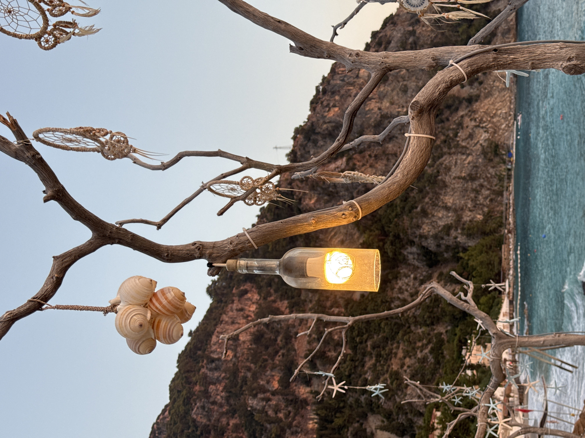 This is a medium-shot, eye-level, outdoor, daytime, vertical photograph of a decorated driftwood tree with a beach and a mountain in the background, likely in Fethiye, Turkey. The tree has several hanging decorations. From left to right, there is a bunch of seashells, a glass bottle containing a lit lightbulb, and several dreamcatchers of varying sizes. The branches also have some small white starfish decorations.
The background shows a body of turquoise water with small waves. A beach with some scattered lounge chairs and umbrellas is visible along the shoreline. Behind the beach, a steep, rocky mountain covered in green vegetation rises up, with some buildings visible on its lower slopes. The sky is a clear, pale blue, transitioning to a warmer hue near the horizon, suggesting it might be dusk or dawn.
There are no people or animals visible in the frame. The overall scene evokes a relaxed, bohemian, or coastal atmosphere. The specific location is likely a beachside bar or cafe in Fethiye, known for its picturesque coastline and surrounding mountains.