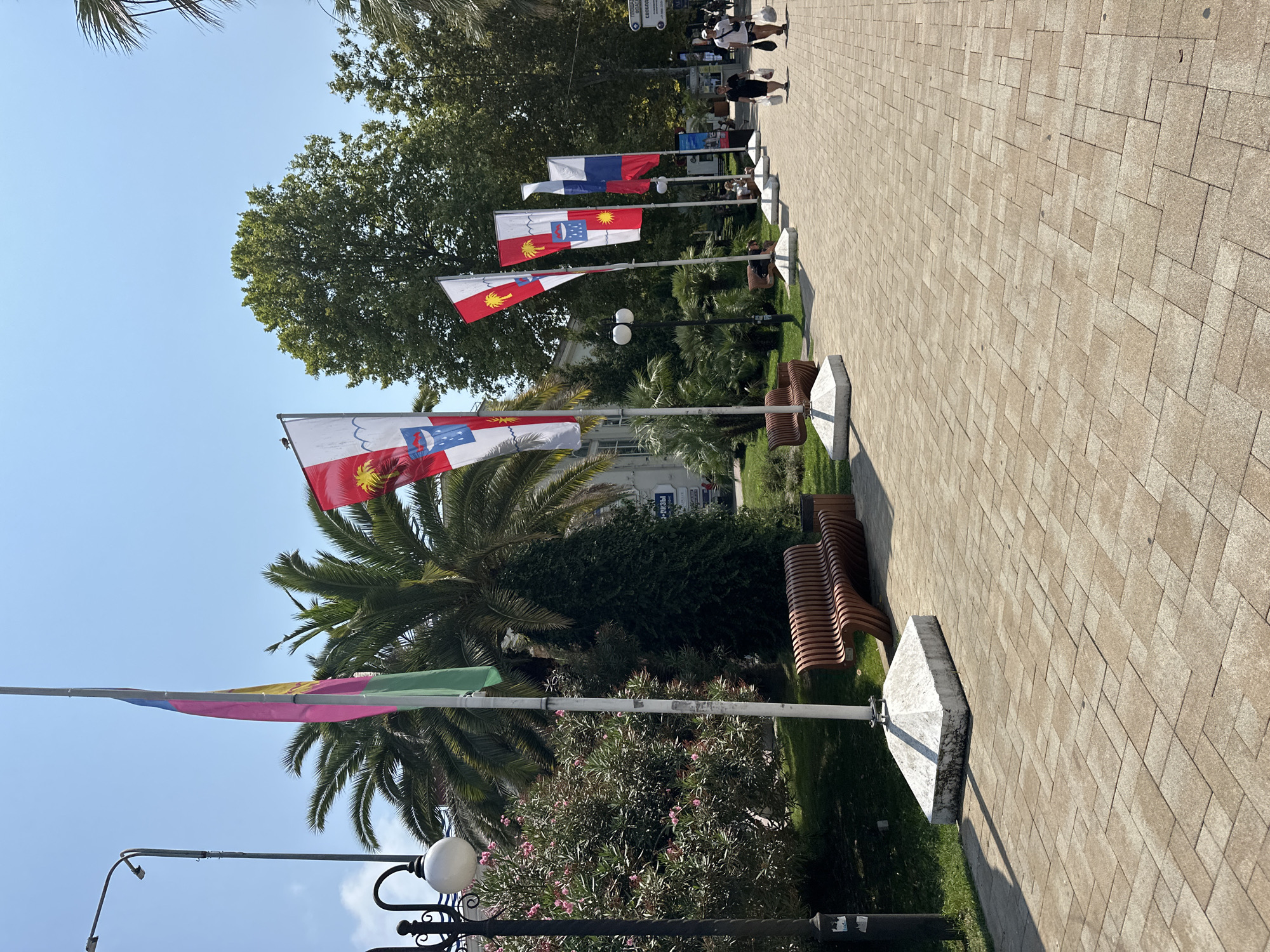 A sunny day scene on a paved pedestrian walkway in Sochi, Russia, features a line of flags flying from poles. The flags are diverse, with one prominently displaying pink, yellow, and green vertical stripes, followed by flags with red and white designs, and at least one with the Russian flag's white, blue, and red horizontal stripes. Palm trees and lush green foliage flank the walkway, with a curved wooden bench and a trash receptacle visible in the foreground. Several people are walking along the path, some carrying shopping bags. A lamppost with decorative elements stands to the left of the frame, and buildings are visible in the background.