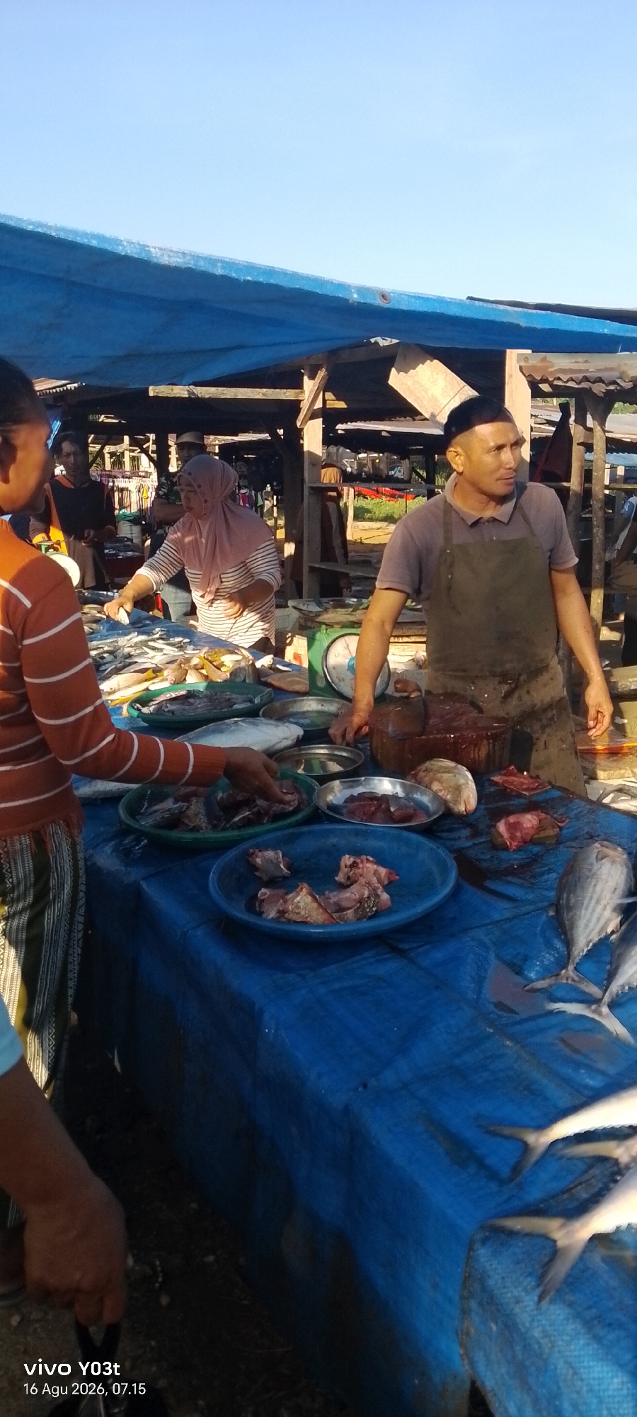 This is a photograph taken outdoors in what appears to be a market setting, likely in Palosilae, Indonesia, given the watermark. The foreground is dominated by a blue tarp spread over a table, displaying various types of fish, some whole and some cut. Several people are visible interacting around the table.
On the left, a person wearing an orange and white striped long-sleeved shirt is partially visible, reaching towards the fish on the table. To their right, a woman in a pink hijab and a striped shirt is also interacting with the fish. In the center and slightly to the right, a man wearing a dark apron over a grey shirt stands behind the table, looking to the right of the frame. He has a large cleaver and a cutting board with what appears to be bloodstains in front of him, suggesting he is involved in preparing the fish.
Behind the table, there are wooden structures that form stalls or shelters, covered by a blue tarp overhead. In the background, more market stalls and people can be seen, along with some vegetation and a bright, clear sky. The overall scene depicts a bustling fish market with active commerce taking place.