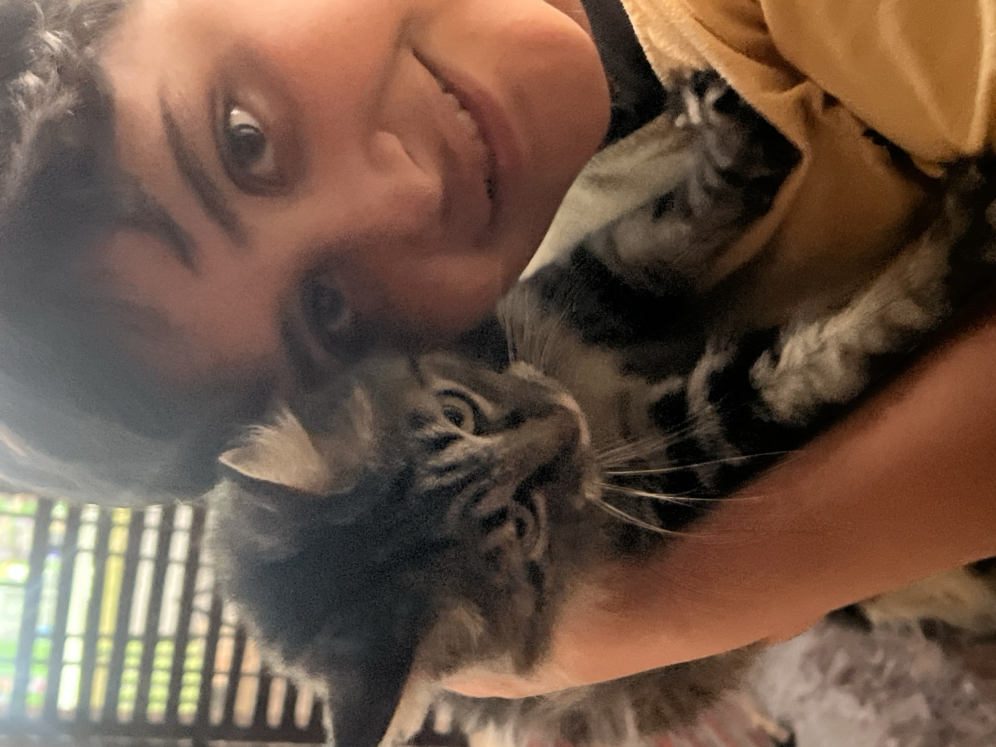 A close-up, angled selfie shows a smiling person holding a tabby cat. The person has short, dark hair, brown eyes, and is wearing a yellowish garment. The cat, held in the person's arms, has grey and black fur, visible whiskers, and is looking upward. The background includes blurred vertical slats, possibly of a window, and a dark area above them. The specific location is difficult to determine as the photograph lacks distinct architectural or geographical features associated with Arica, Chile.