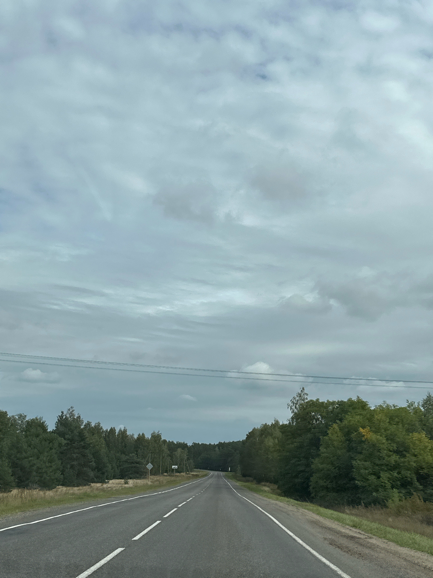 An overcast sky with dispersed clouds stretches across the upper half of the frame. Below, a two-lane asphalt road curves slightly to the right, bordered by a grassy shoulder. Dense green trees line both sides of the road, forming a forest. Power lines are visible in the distance, running horizontally across the scene. The overall impression is a rural landscape on a cloudy day. The location is identified as Парыцкі сельскі Савет, Belarus.
