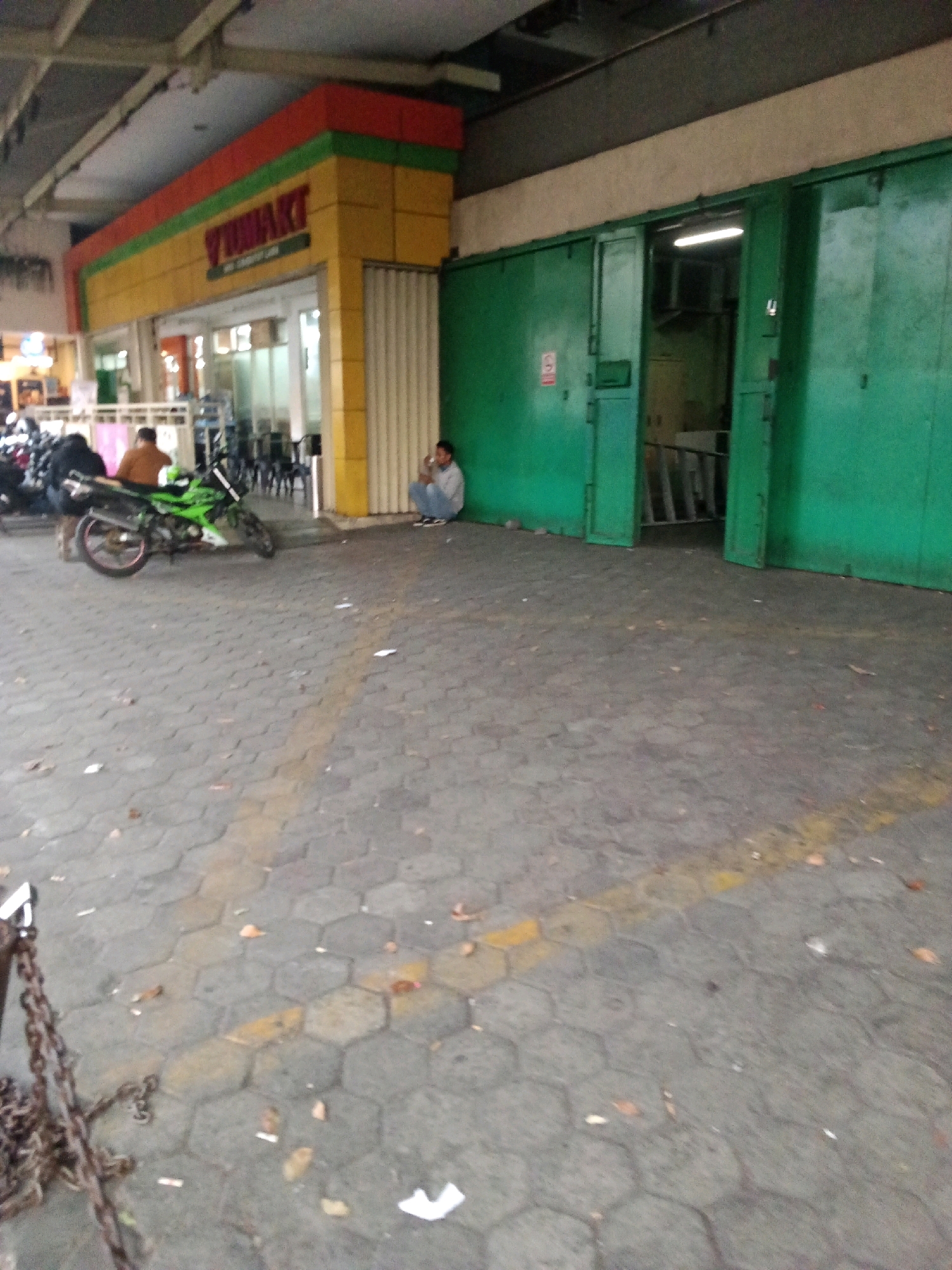 The image captures a view of a street in front of a building with a yellow facade and red and green trim, bearing the sign "VINARI". To the right of this building are large, green metal sliding doors, one of which is partially open. A person is seated on the ground against the green doors, facing left. In the foreground, a green motorcycle is parked on a hexagonal paver stone surface. Behind the motorcycle, two individuals are visible near the entrance of the building. The environment appears to be an urban setting, possibly a commercial area. The ground is covered with fallen leaves and debris. A chain is visible in the lower left corner of the image.