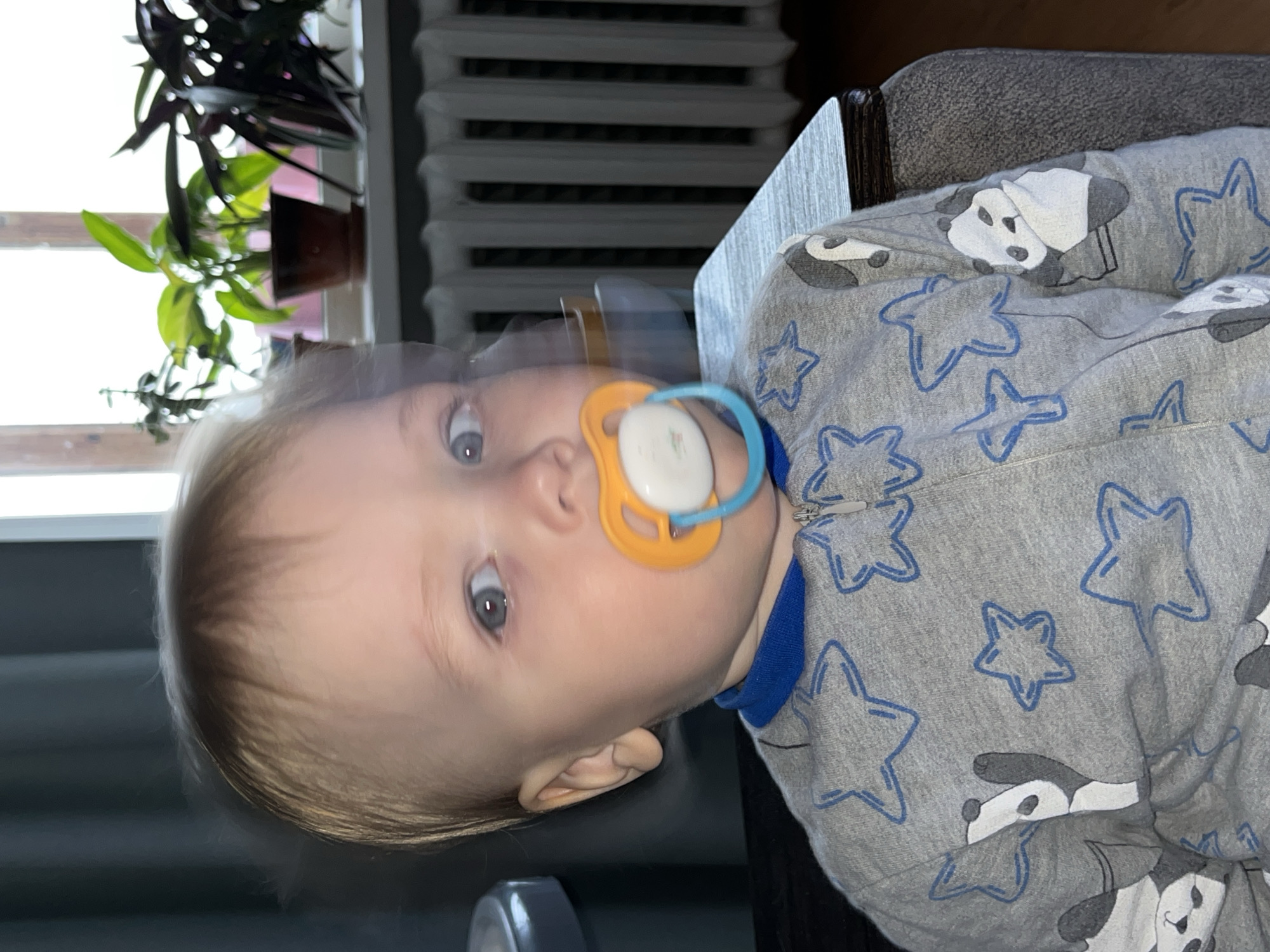 A close-up shot captures a baby with fair skin and light hair. The baby is wearing a gray outfit decorated with blue stars and images of pandas. A pacifier with a blue and orange ring is in the baby's mouth. The background includes a radiator, a plant in a pot, and a chair. The picture was likely taken in the city of Chaikovsky, Russia.
