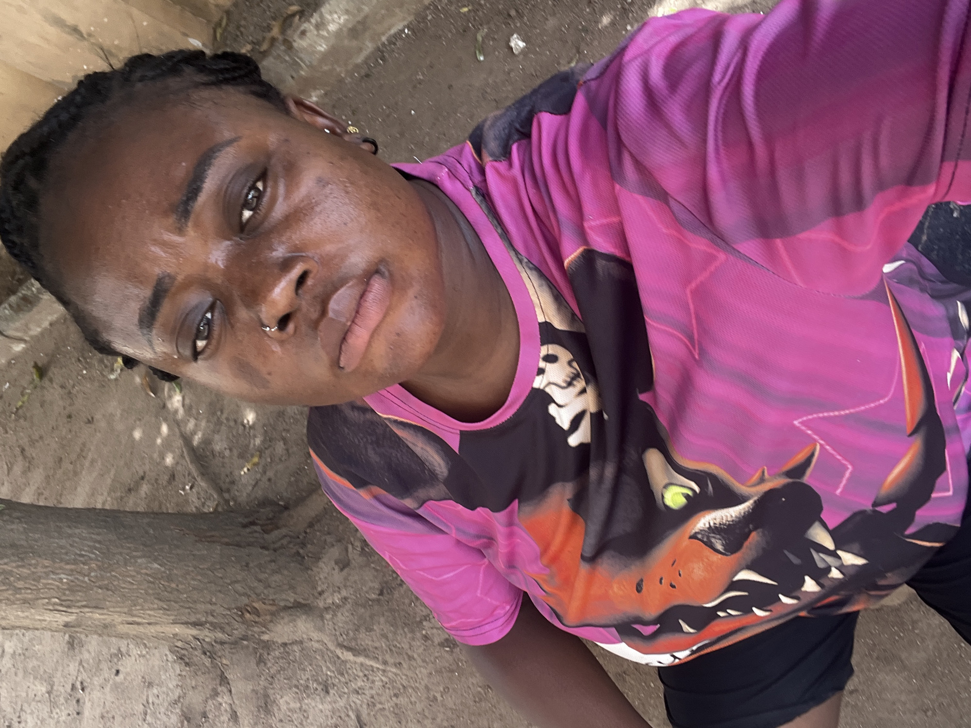 A close-up, slightly tilted selfie captures a young adult individual, likely female, with dark skin and dark braided hair. She wears a vibrant short-sleeved t-shirt predominantly in shades of pink and purple, featuring a bold graphic design on the chest. The design depicts a stylized animal head, possibly a dragon or mythical creature, with bright green eyes, orange and black facial features, and prominent teeth or horns. She also wears black shorts or leggings.
The individual has a neutral to slightly serious expression, with a nose piercing visible on her left nostril and an earring in her left ear. The setting is outdoors, under natural daylight, suggesting it is daytime. The background consists of a textured, unpaved ground or dirt path, with a thick tree trunk or large branch running horizontally in the lower left. The overall scene provides a glimpse of an outdoor environment in Kubwa, Nigeria. There is no visible text in the image.
