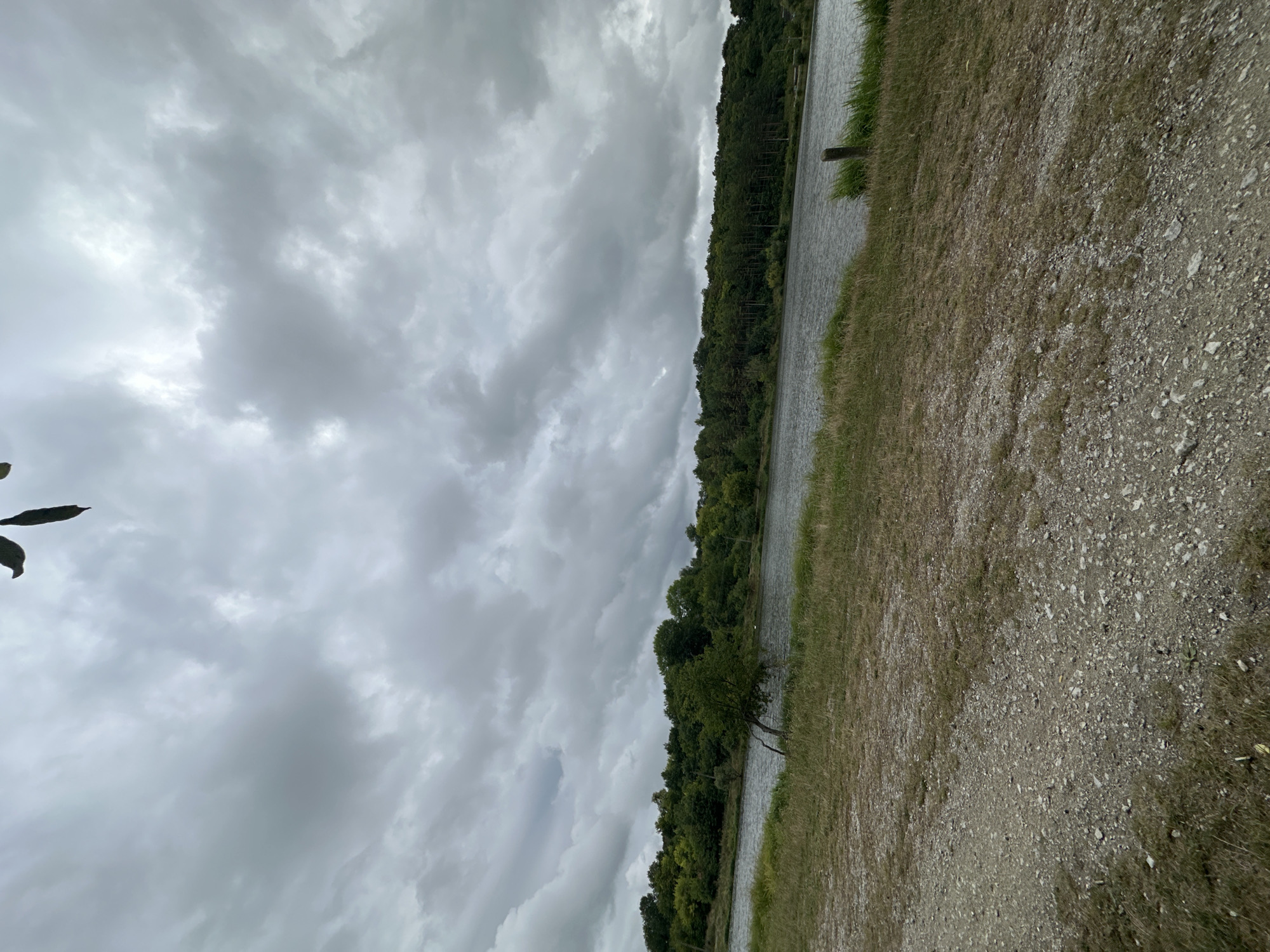 The image shows a body of water with a tree-lined shore under a cloudy sky. A dirt path runs along the foreground. The environment appears to be a natural landscape with vegetation and water. There are no people visible in the image. The location is specified as Makiv, Ukraine.
