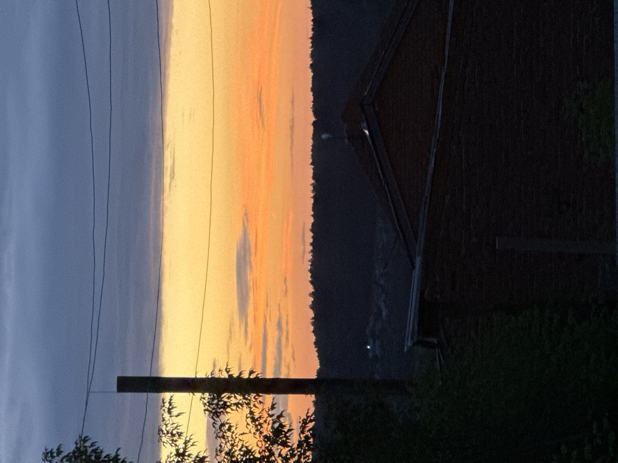 The image depicts a twilight scene, likely taken from an elevated position overlooking a forested area and some structures. The sky is a gradient of dark blue at the top, transitioning to a bright orange-yellow band, and then a darker blue-grey band above the horizon, indicating either dusk or dawn. Three power lines stretch horizontally across the upper portion of the image.
In the foreground, to the left, is a dark green leafy tree branch. To the right of the tree, a tall, dark, cylindrical post, possibly a chimney or utility pole, stands prominently. Behind the post and the trees, a dark, dense line of trees forms the horizon.
In the middle ground, silhouetted against the brighter sky, is the dark roofline of a brick building. A lighter, possibly glowing, object is visible near the center of the image, above the trees and on the building, which could be a distant light or a chimney plume.
The lower portion of the image is dominated by the dark brick structure, with its angled roof clearly visible. The overall atmosphere is subdued and slightly mysterious, with the fading light casting long shadows and obscuring finer details. The setting appears to be rural or semi-rural.
Given the context provided about Malmyzh, Russia, this image likely captures a view from a residential area or a higher vantage point within or on the outskirts of the city, overlooking the surrounding natural landscape at twilight.