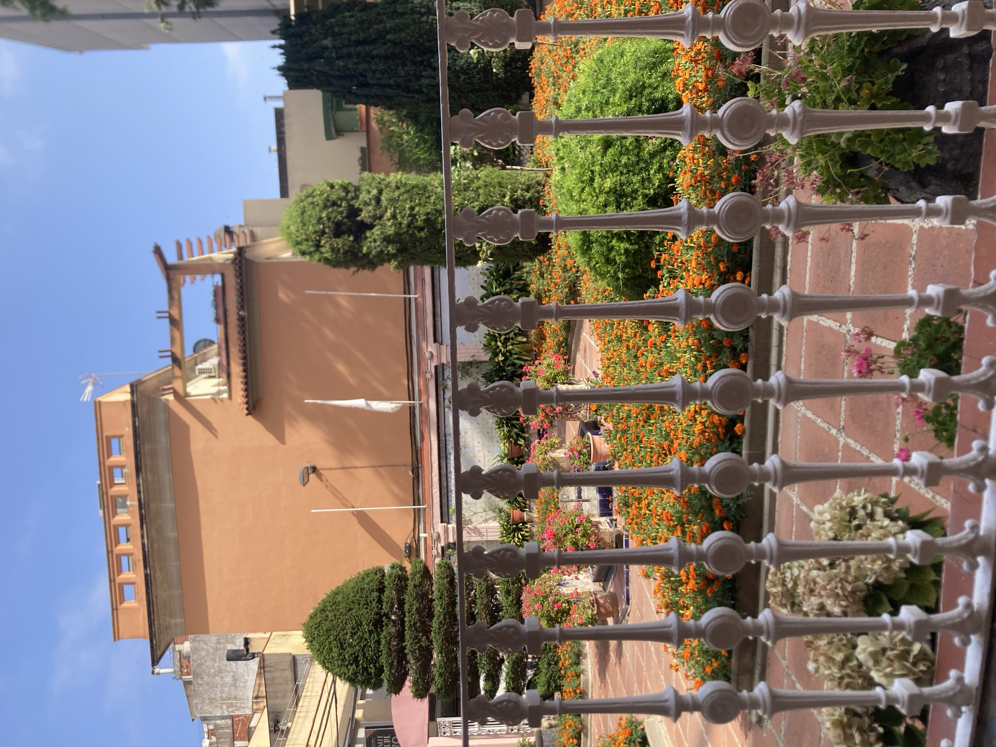 The image shows a courtyard garden with a white ornate railing in the foreground. Behind the railing, there is a paved area with terracotta tiles and numerous potted plants, primarily filled with vibrant orange marigolds and some pink flowers. In the center of the garden, there appears to be a small fountain or water feature. Tall, well-maintained evergreen trees and bushes are situated in the background, adding depth to the scene. Beyond the garden, an orange building with a flat roof and square windows is visible, along with other surrounding structures. The sky is clear and blue, indicating a sunny day. The architectural style of the buildings and the prevalence of Mediterranean flora suggest a location in a warm climate, likely within a European city. Specifically, this courtyard is located in the Jardins de Santa Clotilde in Lloret de Mar, Spain. No people are present in the frame.