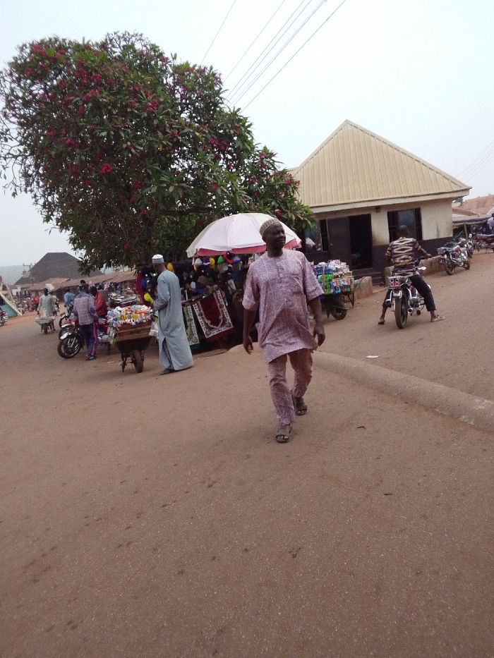 This image captures a street scene in Ankpa, Nigeria, characterized by market activity under an overcast sky. The foreground features an unpaved, reddish-brown dirt road.
**People:**
- In the immediate foreground, off-center to the right, a dark-skinned man walks forward towards the left side of the frame. He wears a light purple, patterned traditional tunic (agbada-style top) and matching trousers, along with dark sandals. A light-colored cap covers his head.
- To the left, slightly behind the walking man, another dark-skinned man stands next to a market stall. He wears a long, light blue or grey traditional garment and a white cap.
- On the right side of the mid-ground, a dark-skinned man sits astride a black motorcycle, facing away from the camera, wearing a patterned shirt with brown, black, and white elements, and dark trousers. His right foot is on the ground. The motorcycle displays a partial license plate with "5B..." visible.
- Several other individuals are visible in the background, walking, standing, or near other stalls and motorcycles.
**Objects and Subjects:**
- A large tree with abundant green foliage and red/pink flowers dominates the left side of the frame, providing shade over several market stalls.
- Directly beneath the tree, a white, circular parasol shades a market stall displaying colorful items, possibly fabrics or caps.
- Adjacent to the man in the blue garment, a wooden wheelbarrow serves as a mobile stall, heavily loaded with various packaged goods, appearing to be snacks or small consumer items.
- Another stall displays patterned textiles, possibly prayer mats, beneath the white parasol.
- A silver-colored motorcycle is parked further to the left, near other market activity.
- In the background, multiple additional motorcycles are parked or moving along the street.
- A single-story building with a light beige corrugated metal roof and dark walls is visible on the right side of the street, behind the man on the black motorcycle.
- Overhead, multiple electrical or communication wires stretch across the sky.
**Actions and Interactions:**
- The man in purple is walking along the road.
- The man in blue stands by his wheelbarrow stall, potentially attending to customers or arranging goods.
- The man on the black motorcycle appears to be stationary, possibly waiting or preparing to start his journey.
- The scene depicts a typical bustling market environment with various individuals engaged in daily activities.
**Environment:**
The road is unpaved, suggesting a rural or less developed urban setting. A slight raised edge or curb runs along the right side of the road. The sky is uniformly light grey, indicating an overcast day without direct sunlight. Buildings are primarily simple, single-story structures.