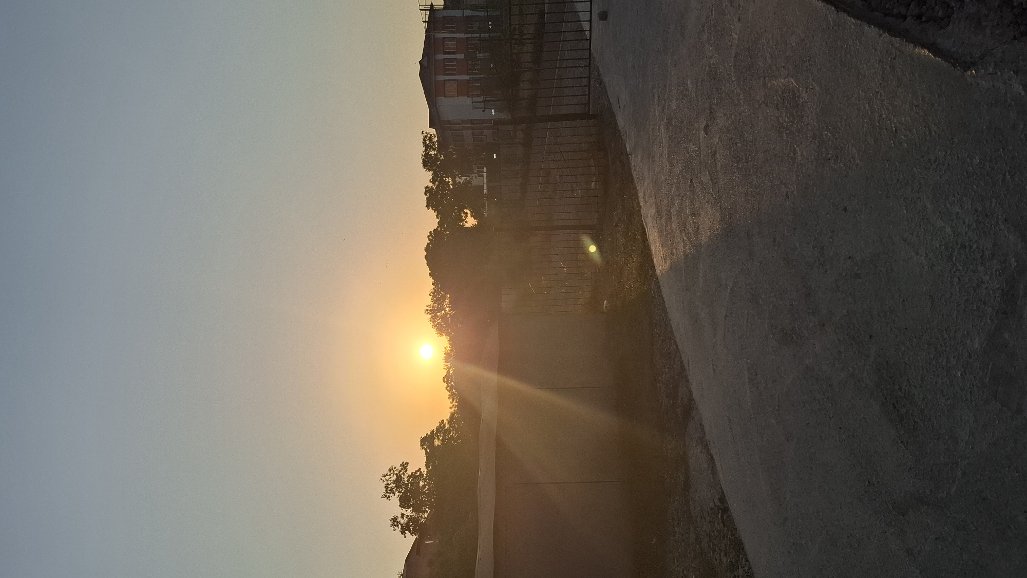 The image depicts a sunset scene in Shymkent, Kazakhstan. The sun is low on the horizon, casting a warm orange glow across the sky. In the foreground, a concrete pathway or road leads towards the viewer, with a shadow cast across it from an unseen object. To the left, a low, flat-topped structure, possibly a wall or shed, is visible, with sunbeams emanating from behind it. Behind this structure and extending across the middle ground, a line of trees and foliage creates a dark silhouette against the bright sky. In the background, to the right, a multi-story building with a red roof is visible. A dark metal fence runs along the boundary between the foreground and the middle ground, separating the pathway from the area with the wall and trees. The overall impression is one of an outdoor urban or semi-urban environment during the late afternoon or early evening.