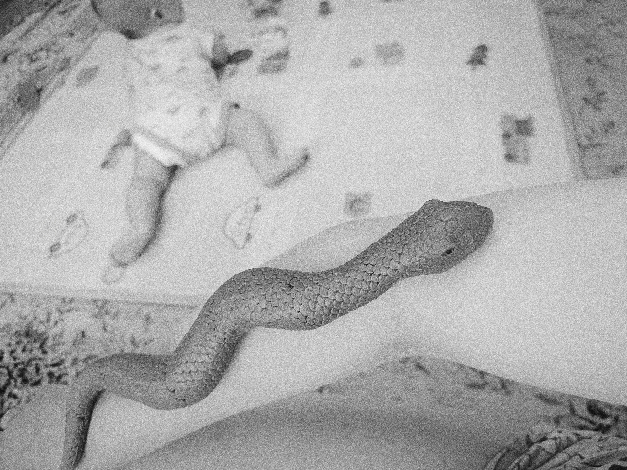 The image depicts a close-up of a snake coiled around a person's arm. The snake is textured with scales and its head is visible with a dark eye. In the background, a baby lies on its back on a patterned blanket, dressed in a onesie. The overall environment appears to be indoors, possibly a nursery or bedroom. The image is a black and white photograph with a grainy texture, suggesting it might be an older or artistic shot. There is no information within the image that indicates a location in Tobolsk, Russia.