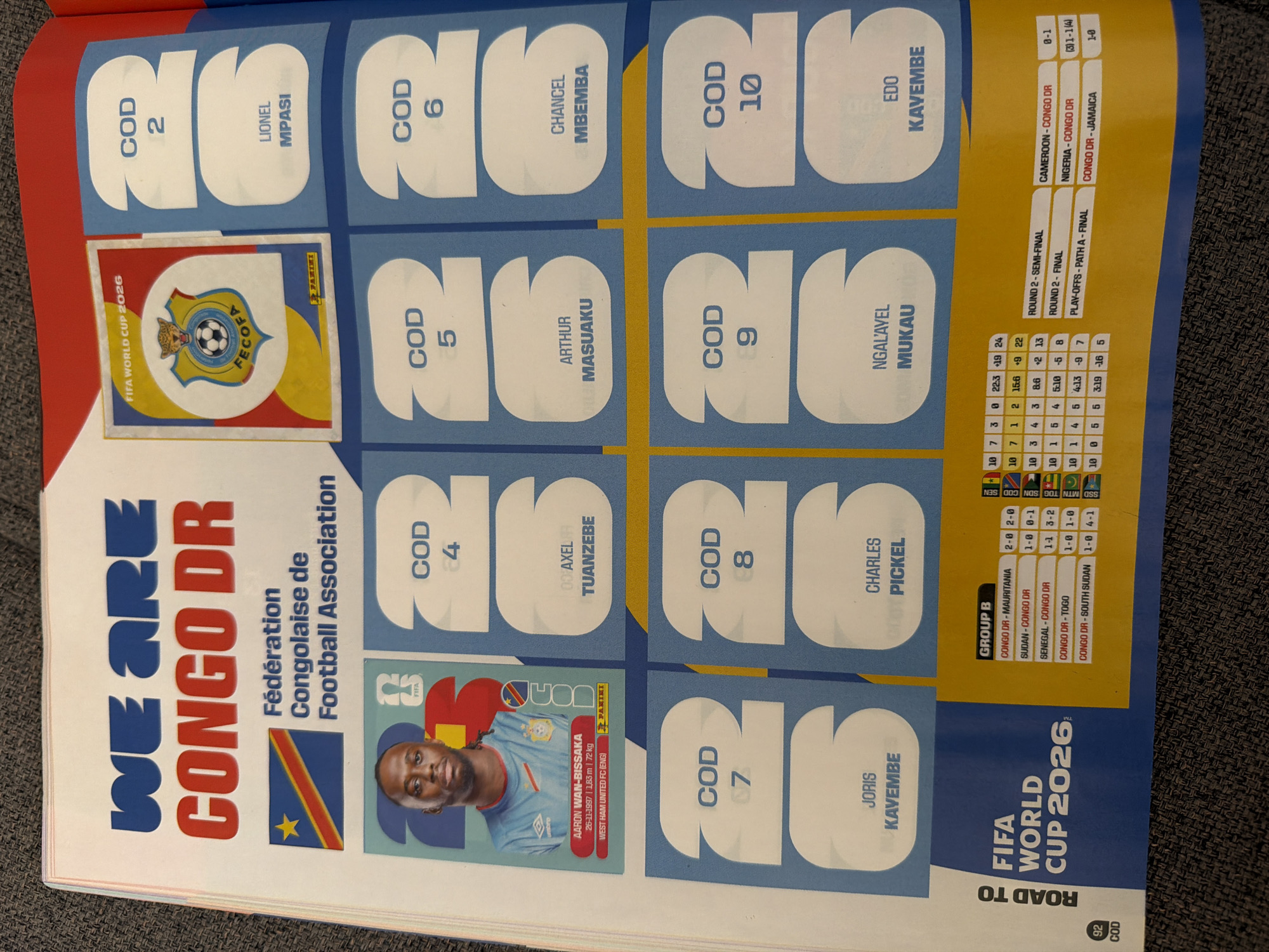 The image displays a page from a sticker album, likely related to football (soccer). The prominent title "WE ARE CONGO DR" suggests it's about the Democratic Republic of Congo's national football team. The page features a collage of player stickers with their names and jersey numbers, along with a section detailing match results for "GROUP B" and "ROUND 2" of a tournament. The overall aesthetic is vibrant and graphic, typical of sports merchandise. The presence of "FIFA WORLD CUP 2026" branding indicates the context of the tournament. The location of Zlatitrap, Bulgaria is not depicted or suggested in the image.