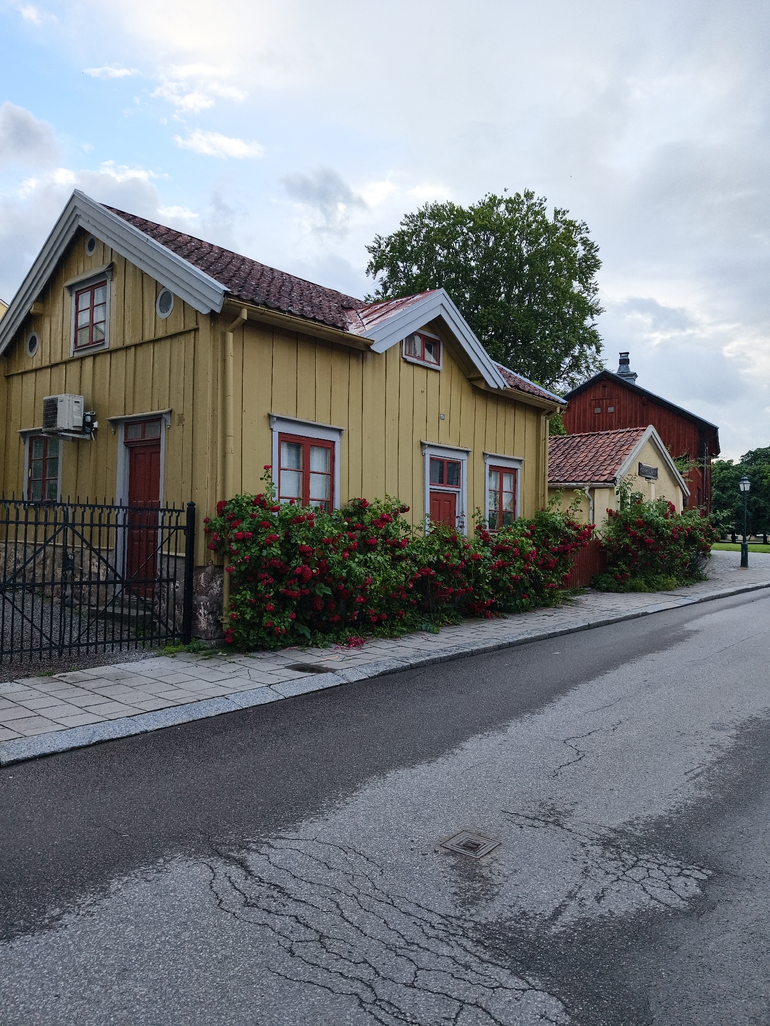 The image depicts a residential street in Linköping, Sweden, likely during daytime. Two yellow wooden houses with red-trimmed windows and doors are visible on the left side of the frame, with a lush display of red roses in bloom along the front of the properties. The houses feature gabled roofs and the larger of the two has an air conditioning unit mounted on its exterior wall. A black metal fence with a gate separates the property from a grey paved sidewalk. Further down the street, a larger red wooden building with a prominent chimney can be seen. The street itself is asphalt with some visible cracks and wet patches, suggesting recent rain. The sky is overcast with scattered clouds. No people are present in the scene.